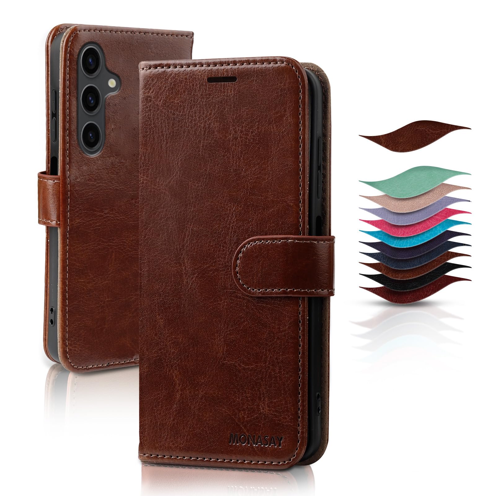 MONASAY Wallet Case Compatible for Samsung Galaxy A15 5G, [Included Glass Screen Protector][RFID Blocking] Flip Folio Leather Cell Phone Cover with Credit Card Holder, Brown