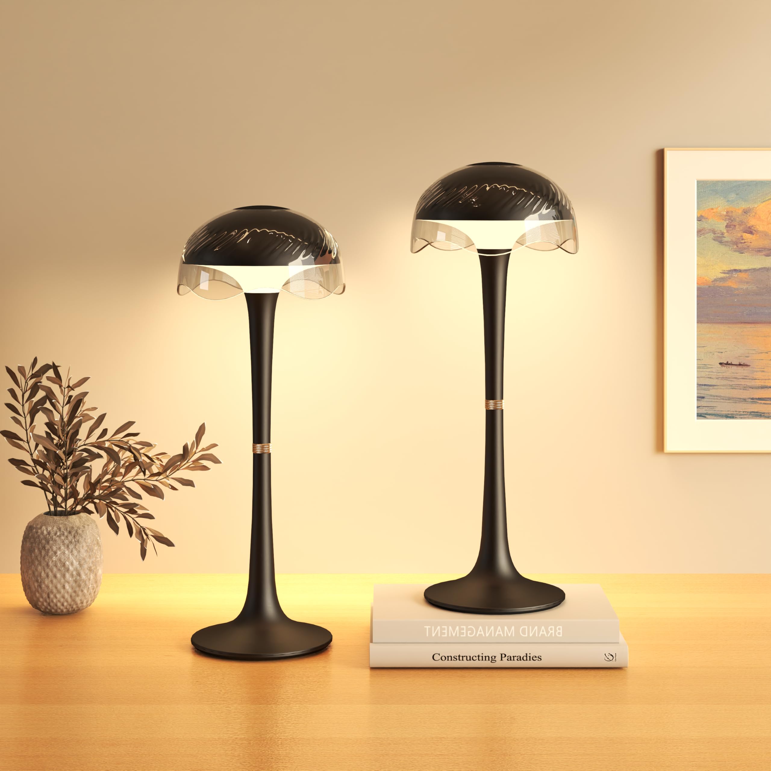 Dorifun Tischlampe 2er Set Schwarz, Kabellos Akku Tischleuchte mit 2700K-6500K LED Tischlampe Kabellos, USB Aufladbar Outdoor Tischlampe Akku Nachttischlampe Touch für Esszimmer Lesen Garten