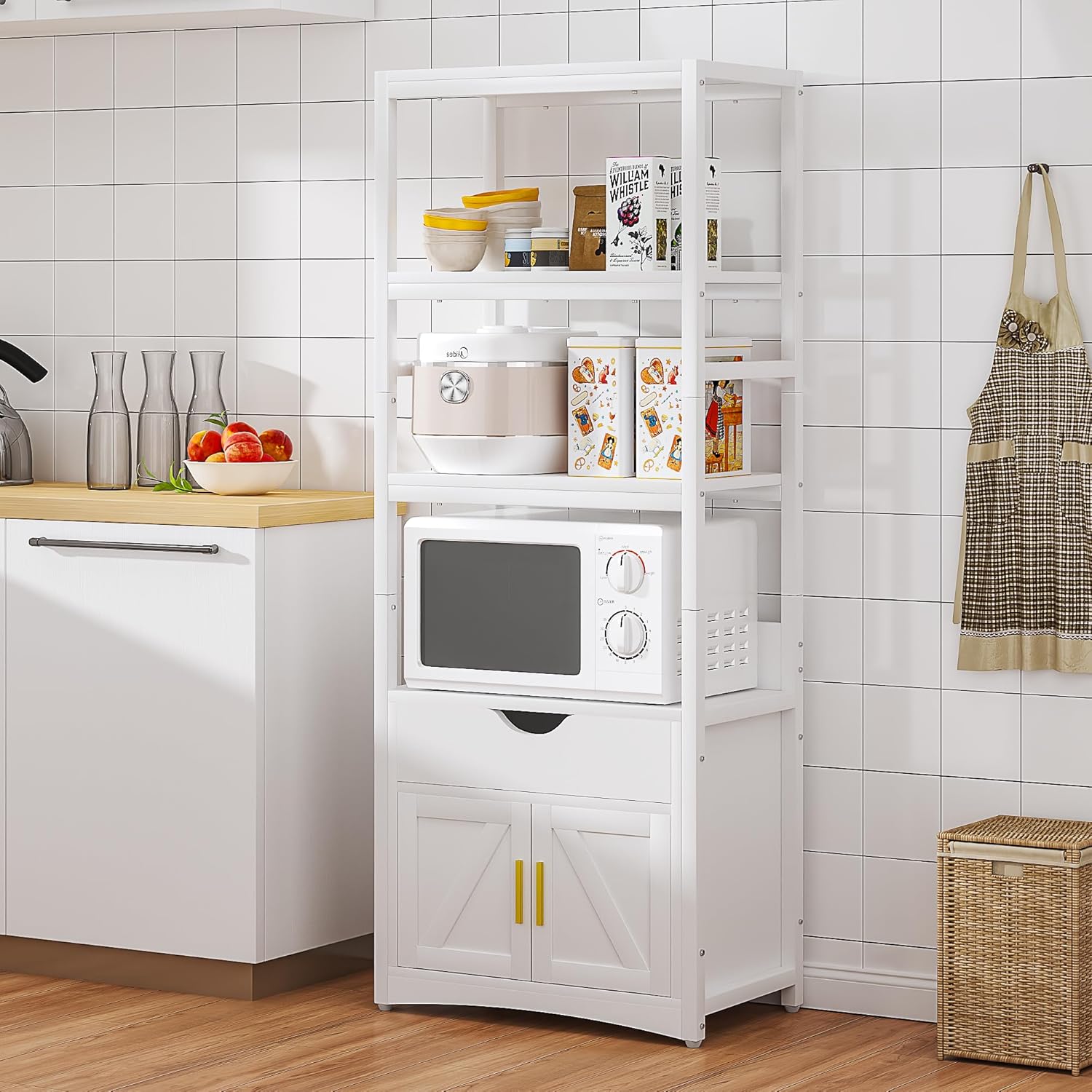 VECELO 3-Tier Microwave Stand Bakers Rack with Built-in Charging Station, Farmhouse Coffee Bar Cabinet with Drawer & Storage Shelves, Fits 1.0 Cu.Ft. Oven, Freestanding Kitchen Cupboard – White