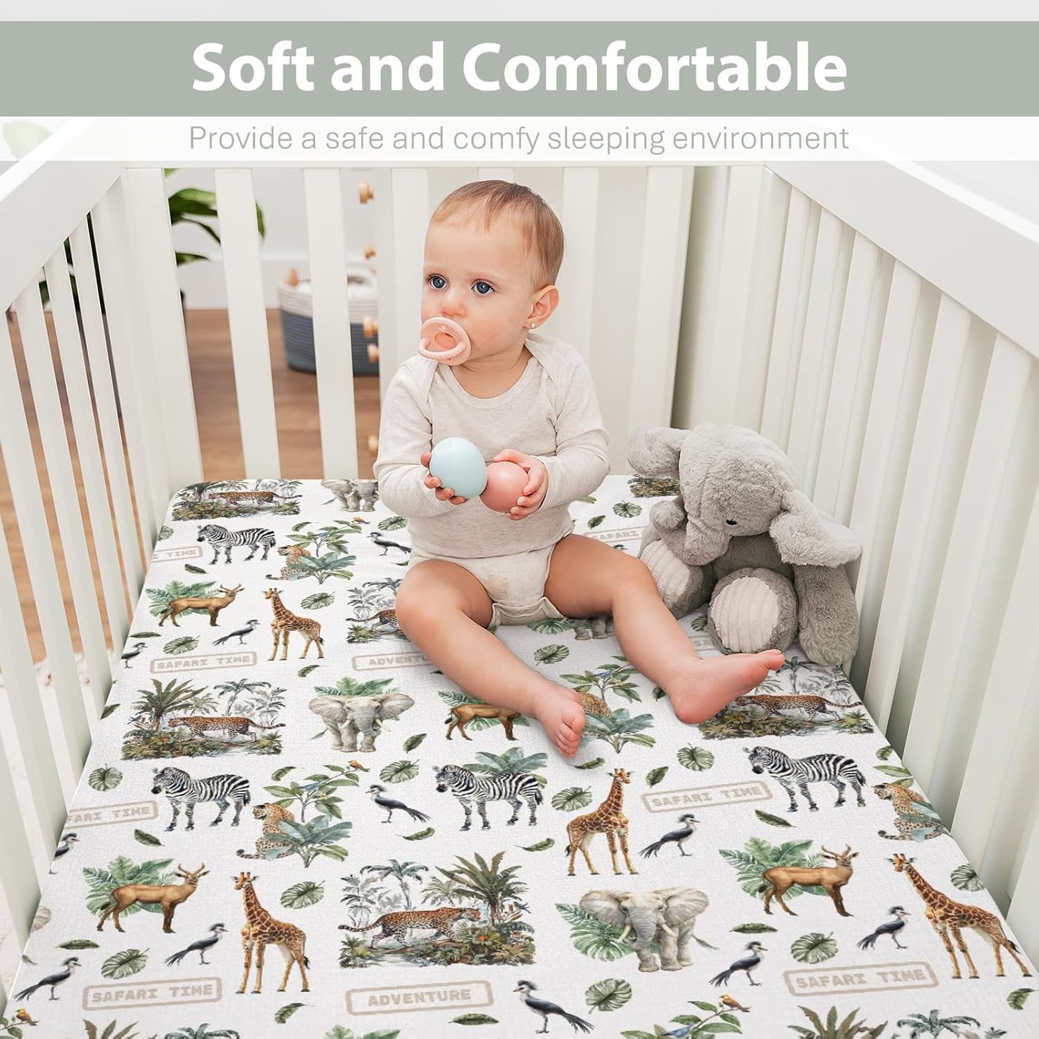 Safari Animal Adventure Baby Crib Sheets for Boy Girl 52x28 Elephant Leopard Giraffe Zebra Tropical Leaves Soft Snug Fitted Crib Mattress Cover African Baby Sheet for Standard Crib & Toddler Mattress