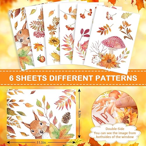 Miniatura 3 de AnyDesign 6 hojas de calcomanías de otoño para ventana, hojas de otoño, ardilla, calcomanías de ventana de doble cara extraíbles para ventana de