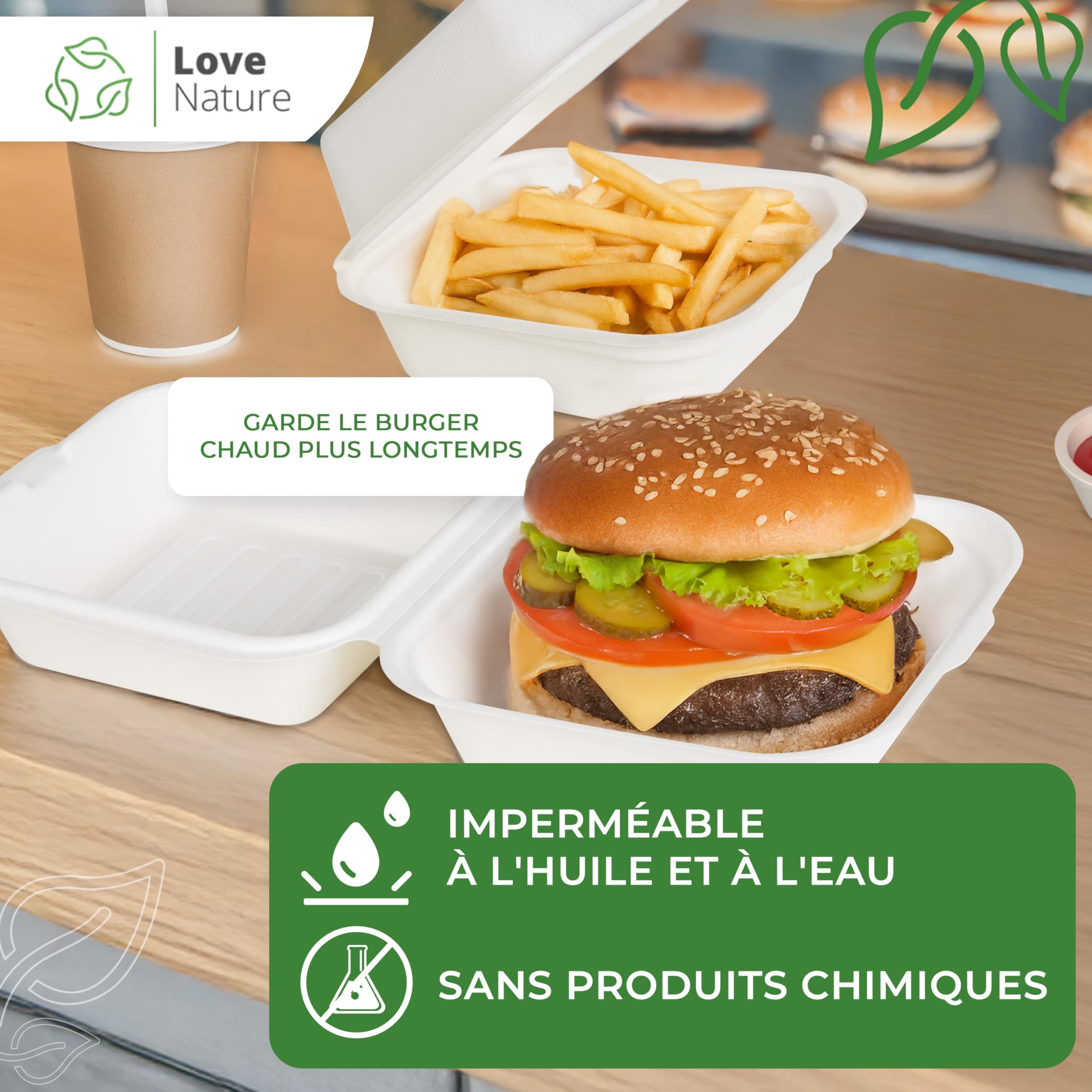 Love Nature Boite Burger 50 pièces - Boite Jetable Écologique pour Hamburgers - Vaisselle Jetable Canne à Sucre - Boîtes à Menu Jetable