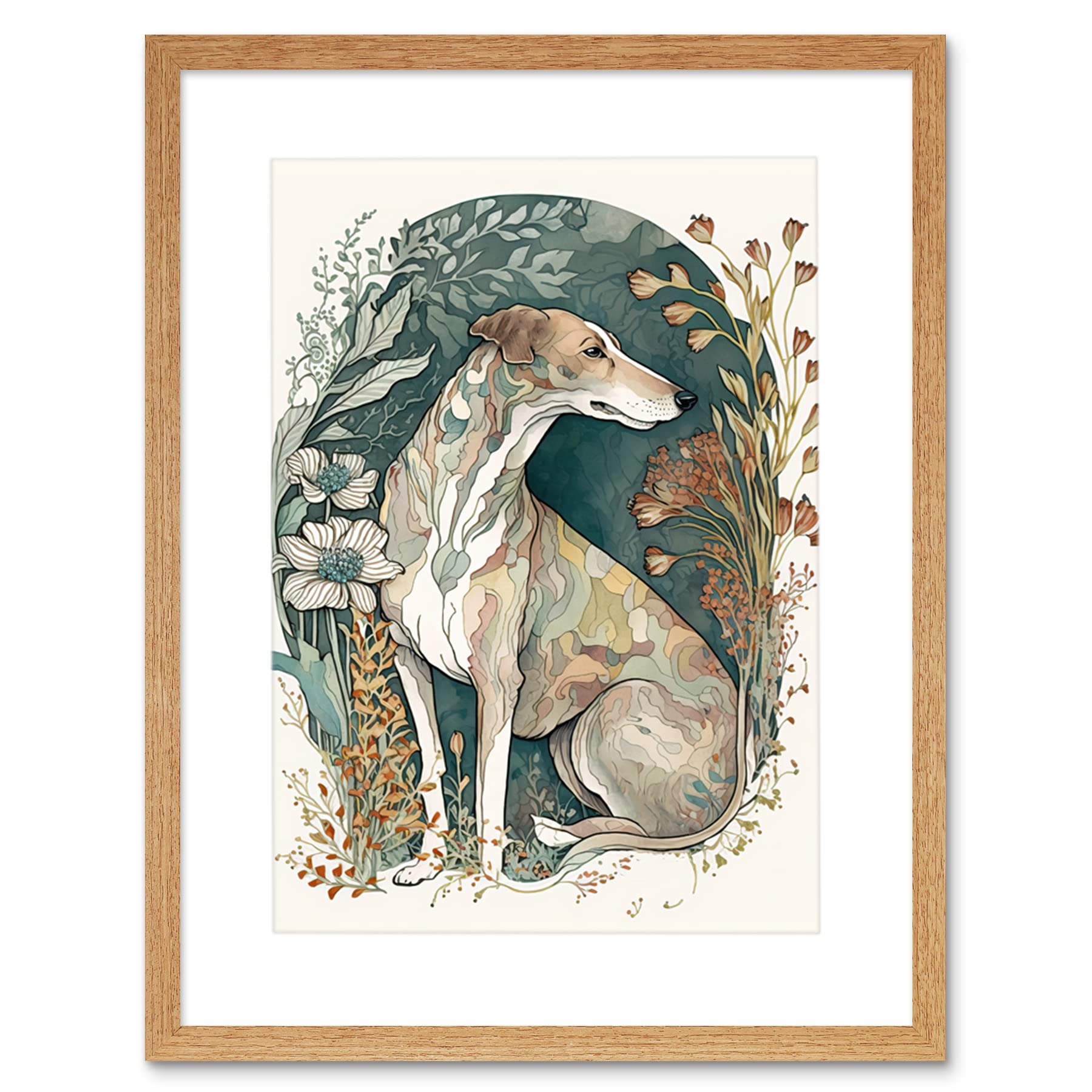Artery8 Greyhound Dog in Flower Field Modern Pastel Boho Watercolour Illustration Artwork Framed Wall Art Print 12X16 Inch