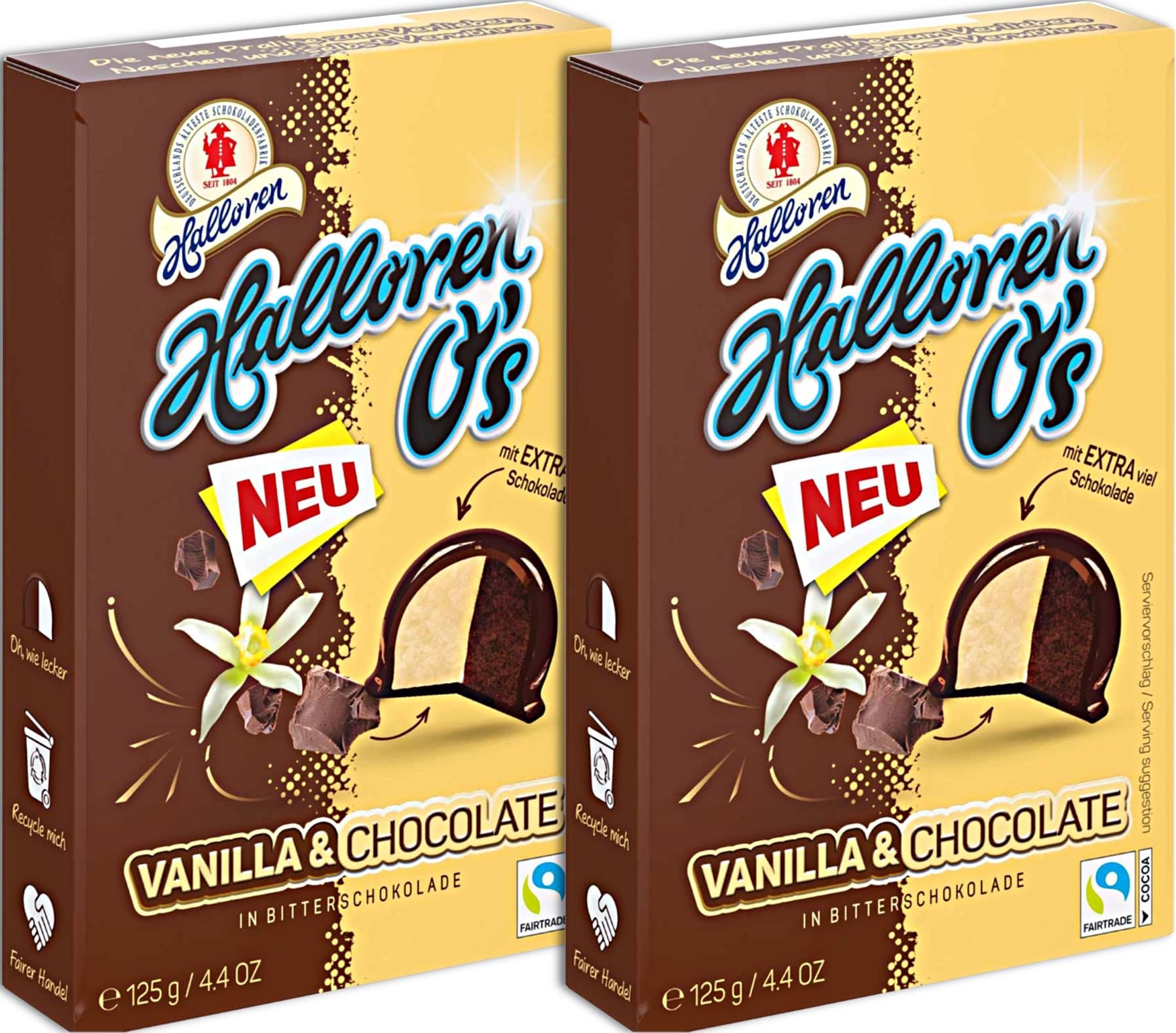 2x125g Halloren O's Balls Vanilla & Chocolate - Original Halloren Balls with Vanilla Cream and Cocoa Cream in Dark Chocolate / Germany