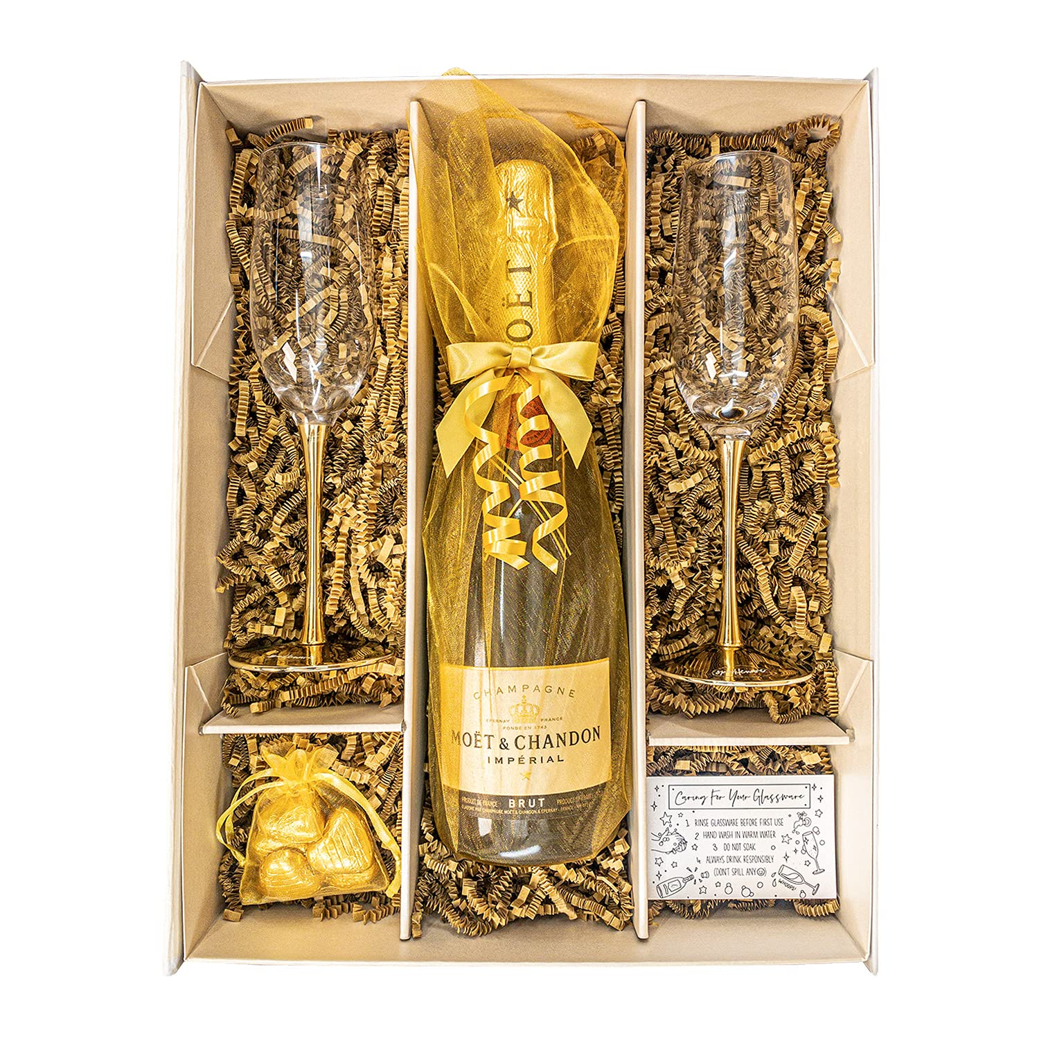 Moët & Chandon Champagne 750ml Gift Set Hamper With Two Matching Metallic Gold Champagne Flutes, Chocolates and Gift Box - Congratulations Gift With Personalised Gift Message (Gold Metallic Stems)