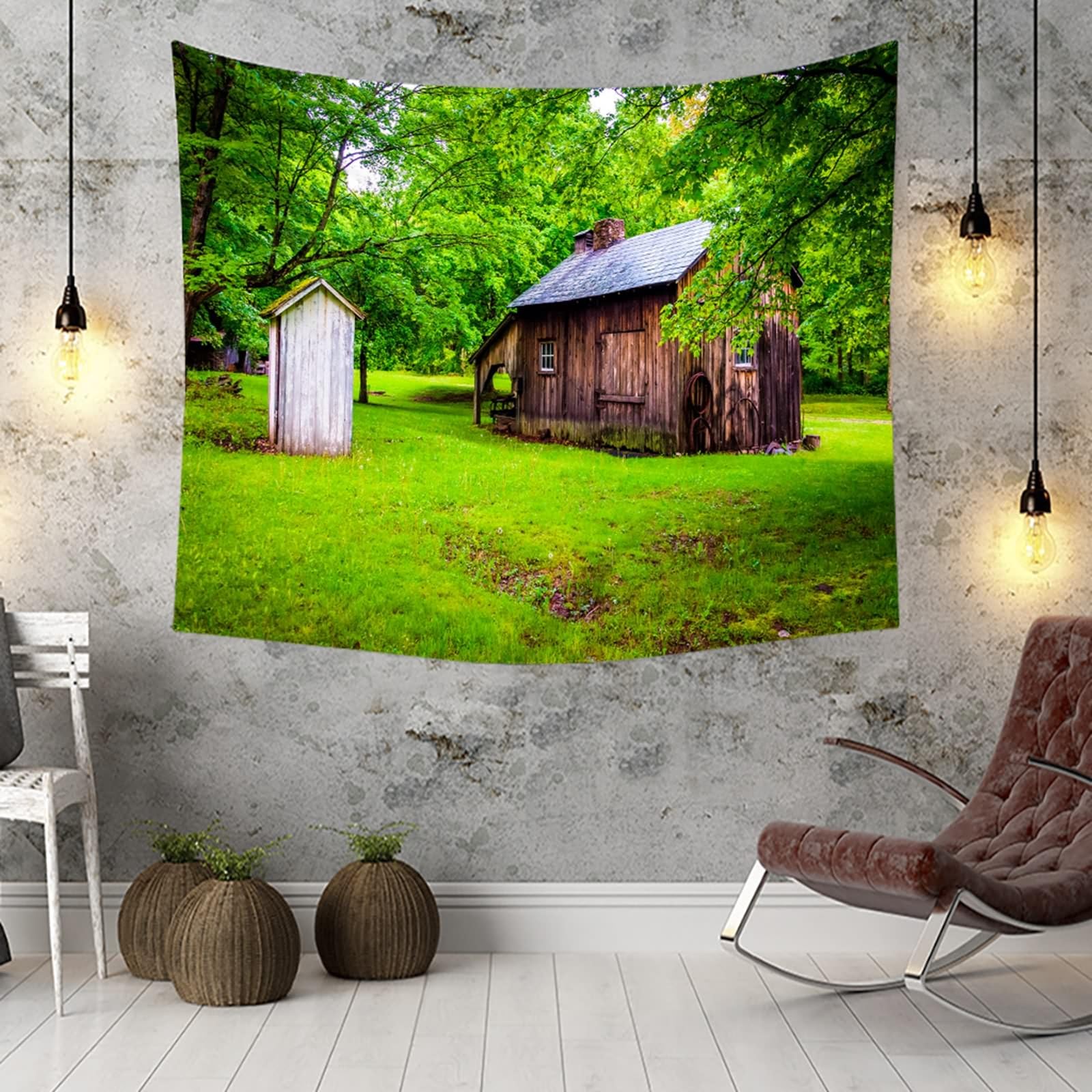 Lirzxin Wandteppiche 240x220CM, Wandtuch Wald Holzhütte Landschaft Grün Braun Tapestry Tapisserie Wandbehang für Schlafzimmer Wohnzimmer Wohnheim Wanddeko