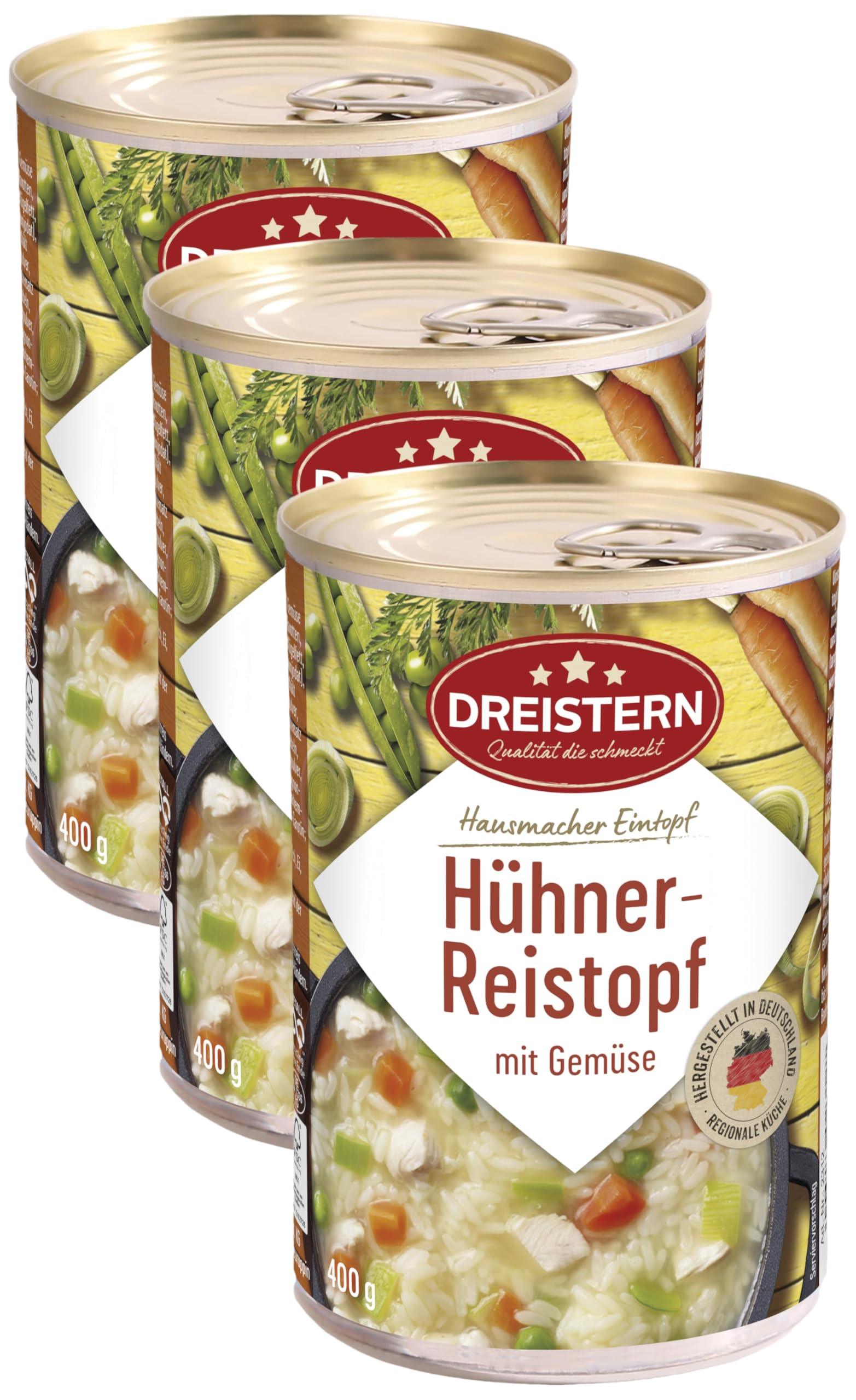 DREISTERN Hühnertopf mit Reis 400g | Leckerer Eintopf in der recyclebaren Konservendose | extra viel Einlage (Packung mit 3)