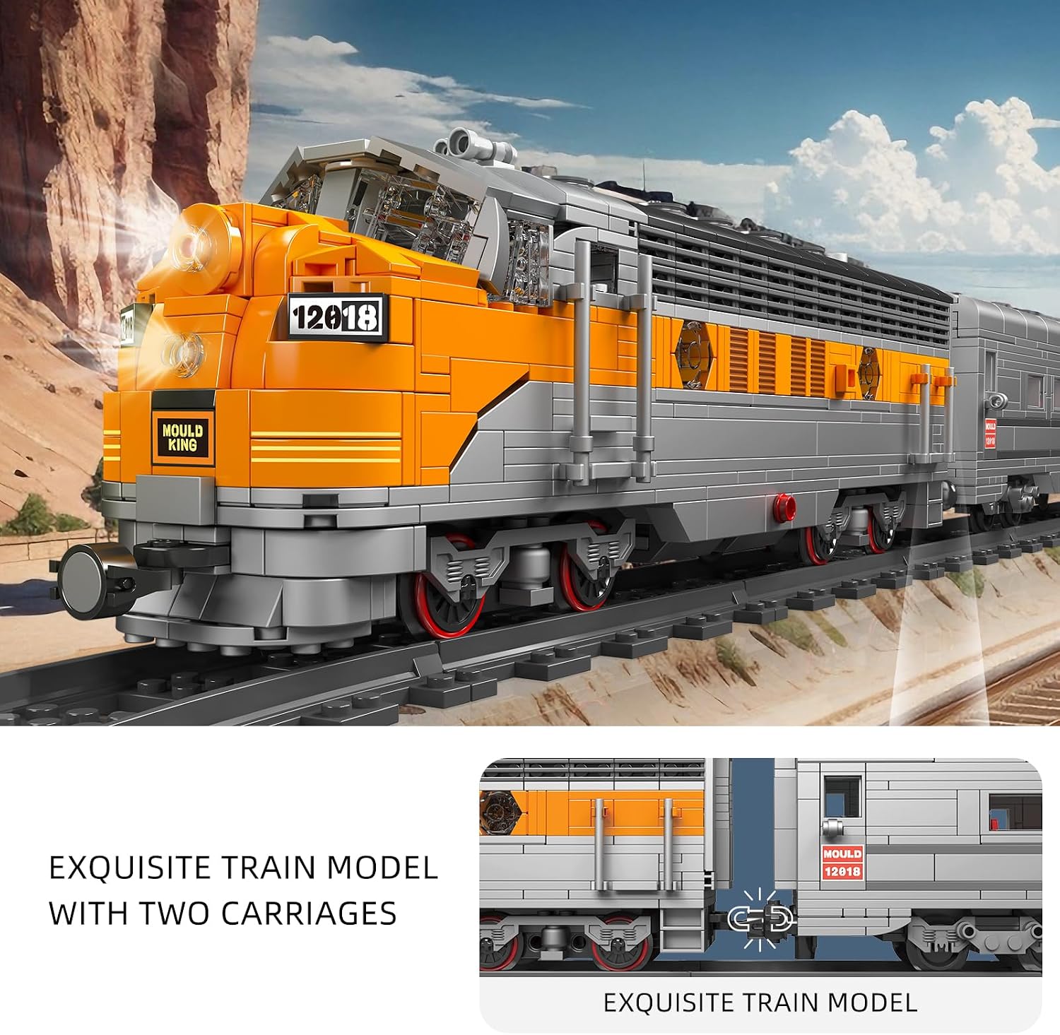 Mould King 12018 Technology Remote Controlled USA EMD F7 WP Diesel Locomotive Railways Train Lighting Building Blocks Set LED Light Building Kit 1541 Piece with Rail Delivery Clamp Blocks Kit