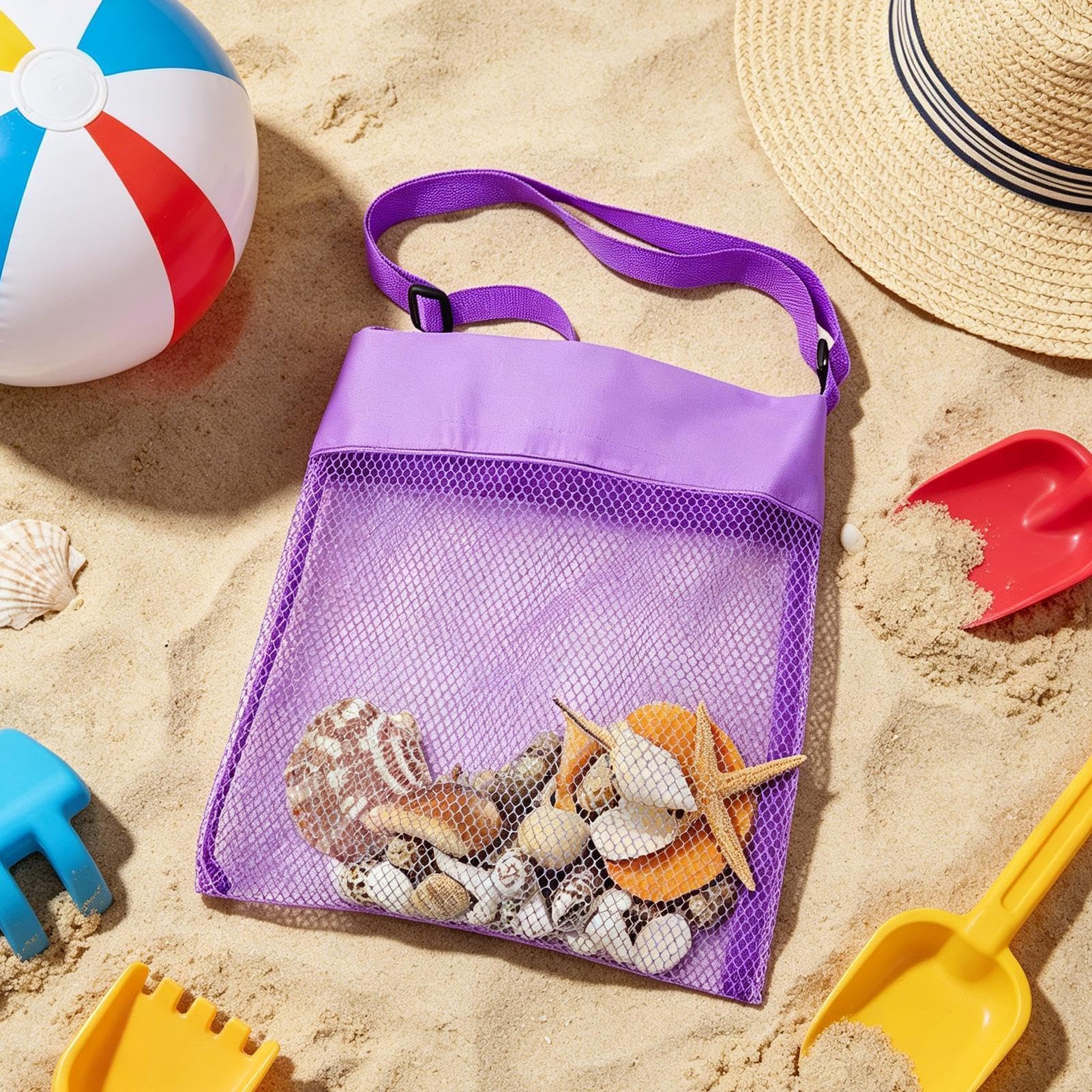 Générique Sac De Plage pour | 3 Pochettes À Coquillages | Filet À De Piscine avec Sangles Réglables | pour des Pique-Niques en Plein Air, Camping, Voyage, Vacances, Lac Et Piscine