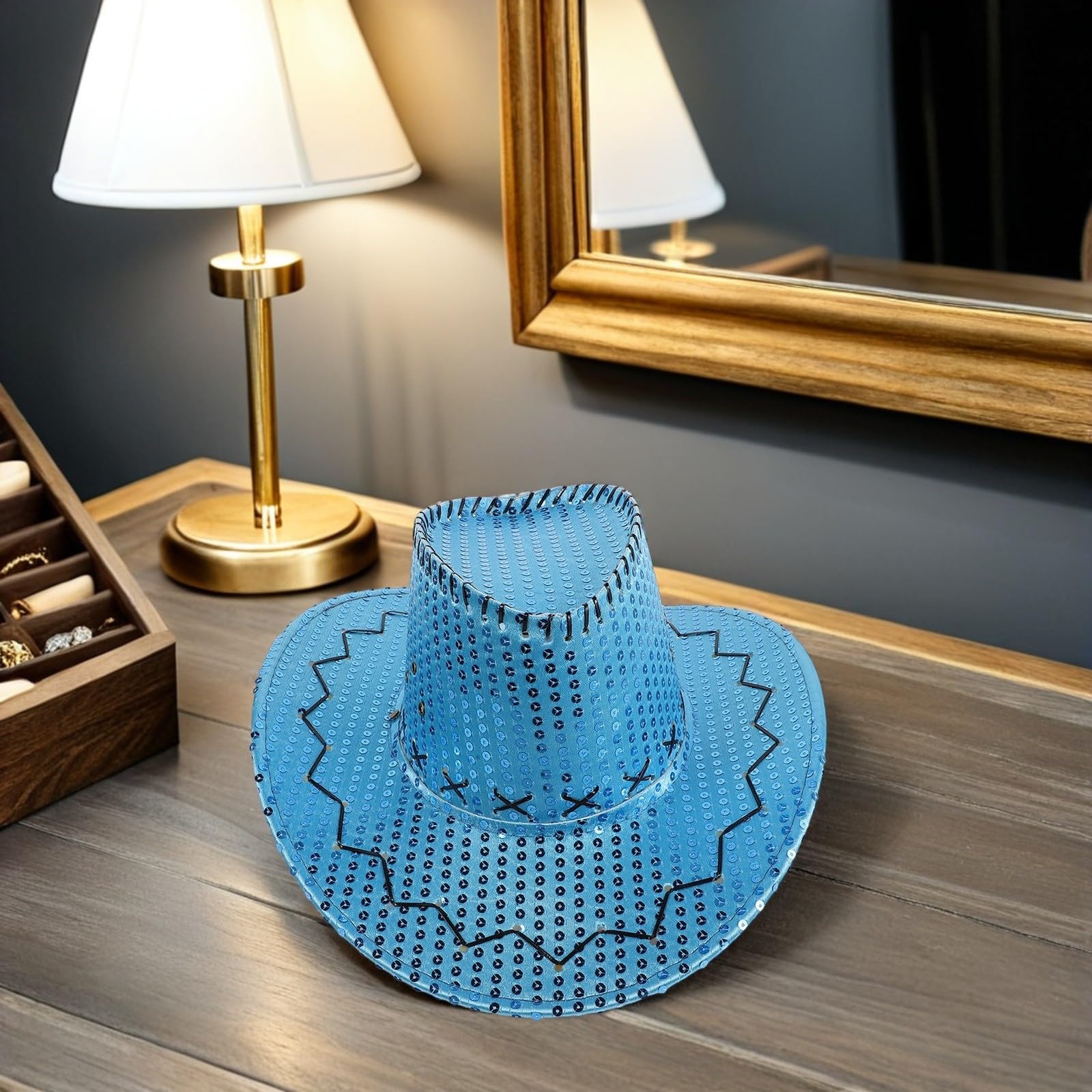 PACKOVE 5 Piezas Sombrero Vaquero para Mujer con Lentejuelas y ala Ancha, Tejido Cómodo y Plástico Resistente, Adecuado para Eventos al Aire Libre y Festivales de Fiesta