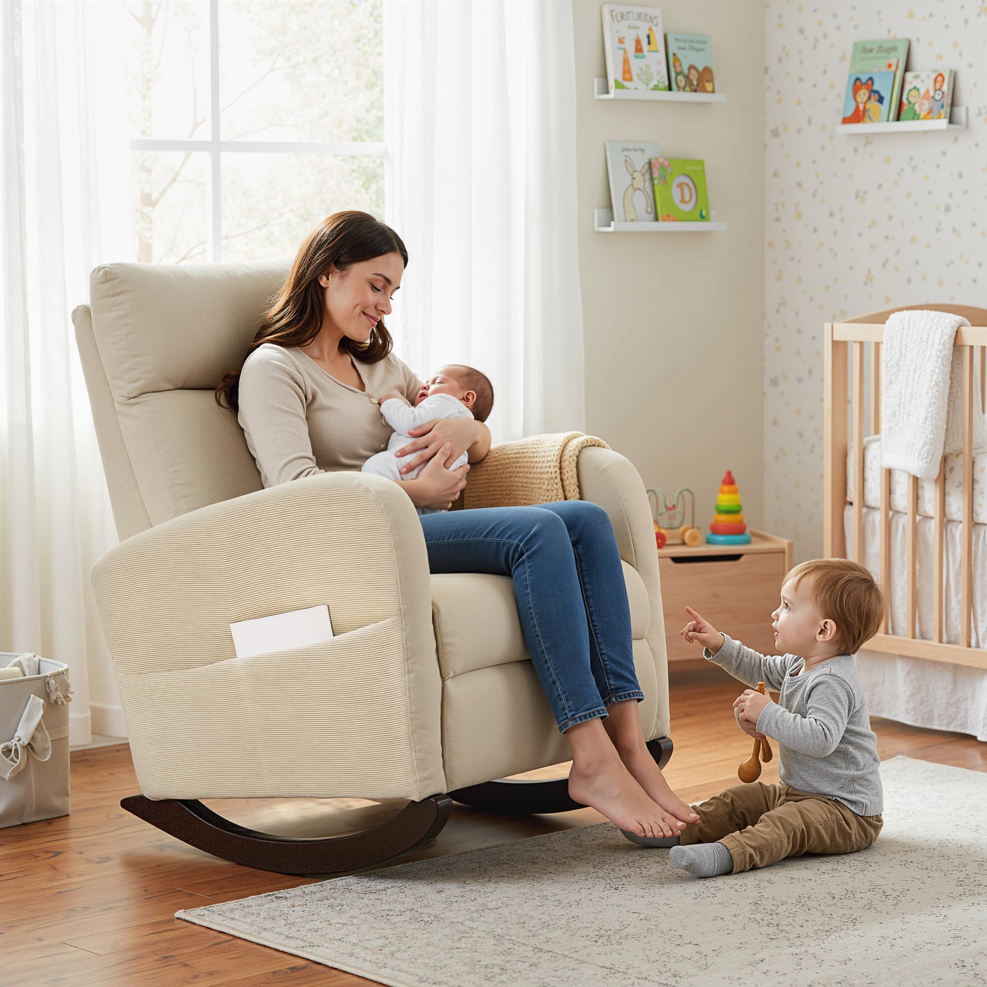 HOMCOM Silla Mecedora, Mecedora de Pana con Respaldo Alto, Patas de Madera de Caucho, Bolsillos, Reposabrazos, Estilo Moderno, Sillón de Lactancia, Carga 120 kg, para Dormitorio, Salón, Beige