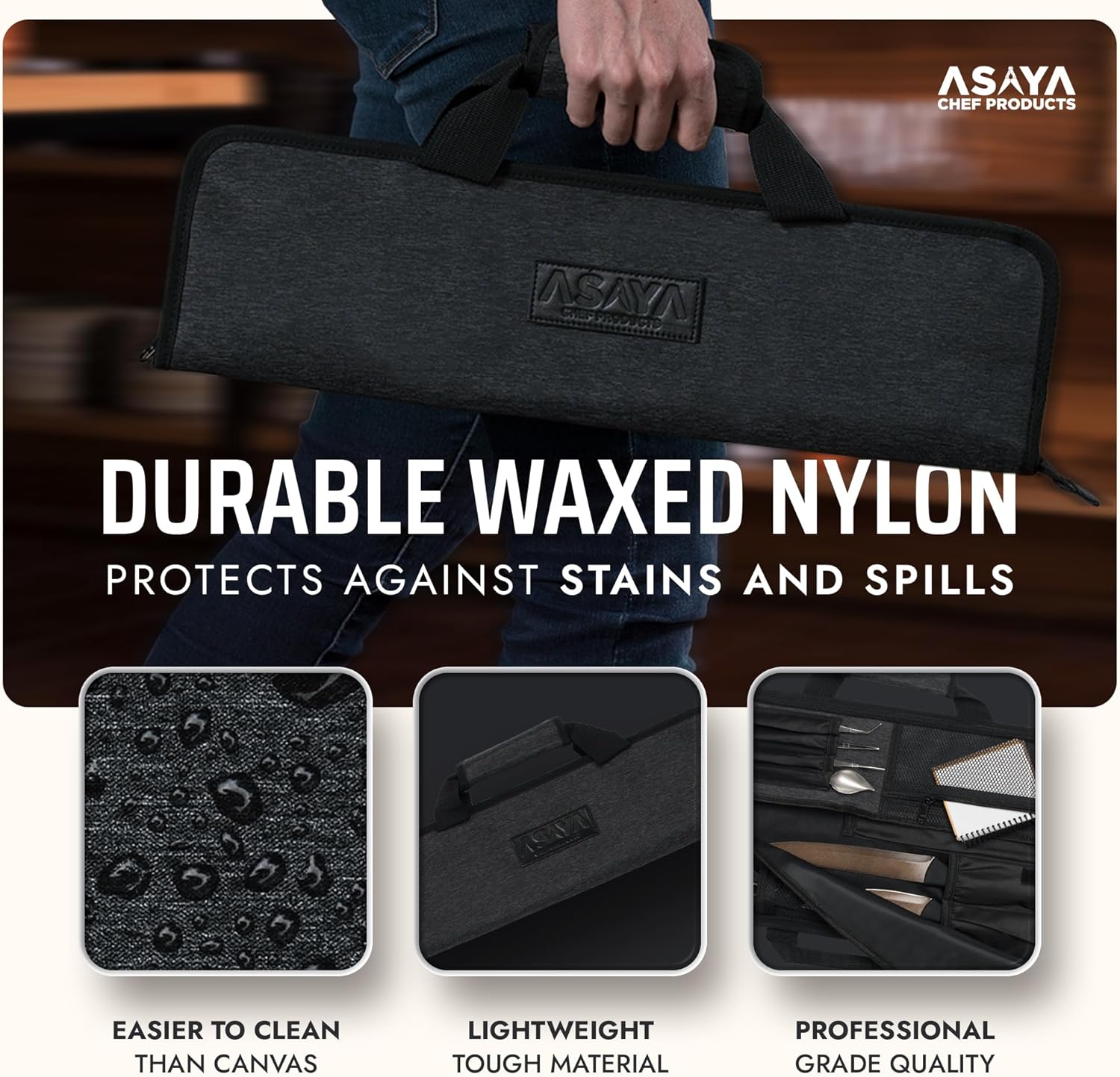 Asaya Chef Knife Roll Bag - 12-Pocket Chefs Case for Kitchen Knives and Utensils, Lightweight Stain-Resistant Waxed Nylon Chef Knife Bag - Knives Not Included (Black)