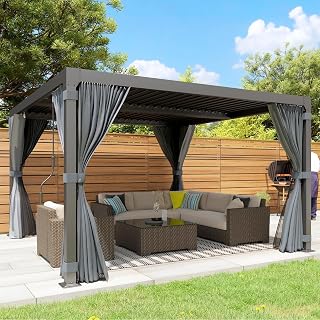 Louvered Pergola 12x12ft, Adjustable Aluminum Pergola with Waterproof Curtains and Nets, Sun & Rain Shade for Patio, Modern DIY Outdoor Living Upgrade, Dark Grey