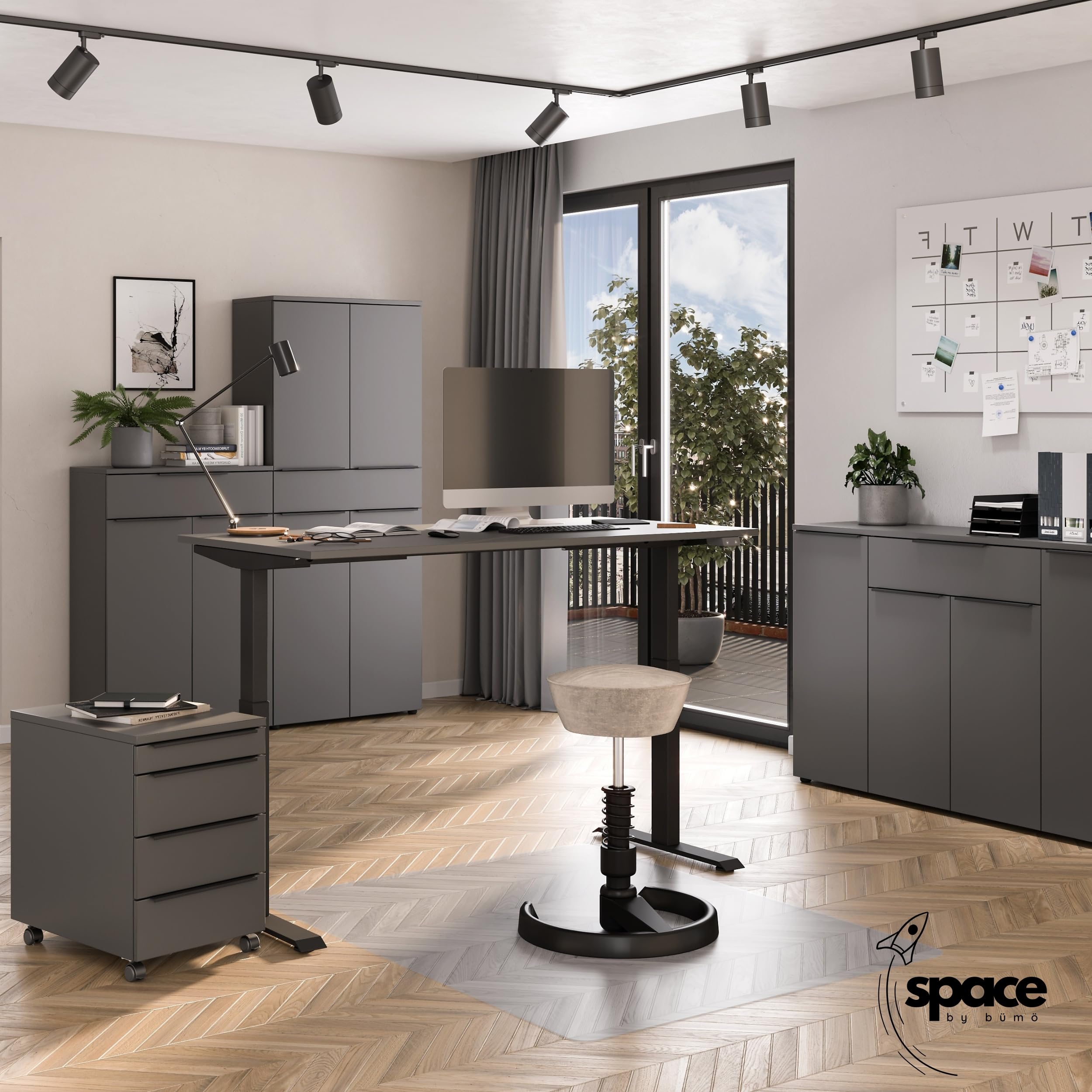 bümö Space Rollcontainer mit Schubladen, Container aus Holz in Graphit - Rollwagen für's Büro als Schreibtisch Unterschrank, Bürocontainer od. Schreibtischcontainer