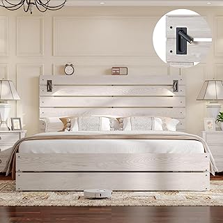 Jocisland Queen Size Farmhouse Bed Frame with 51" Headboard, LED Reading Lights, Rustic Wood Look, No Box Spring Needed, Ash White