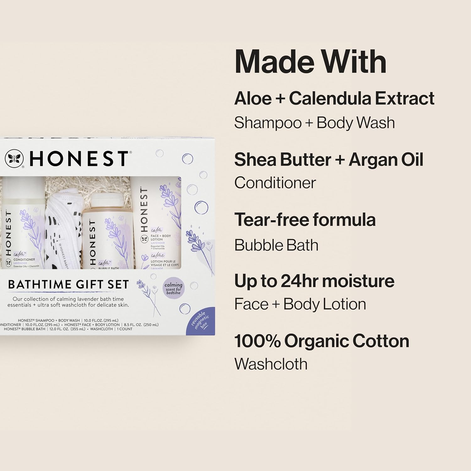 The Honest Company Calming Lavender Bathtime Gift Set Hypoallergenic Bath Essentials for Sensitive Baby Skin Shampoo and Body Wash Face Lotion Bubble Conditioner Cloth
