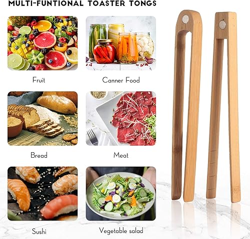 Miniatura 6 de Patelai 2 pinzas para tostadoras de madera de 8.7 pulgadas con imán magnético de bambú tostada de madera de bambú natural, accesorios de utensilios