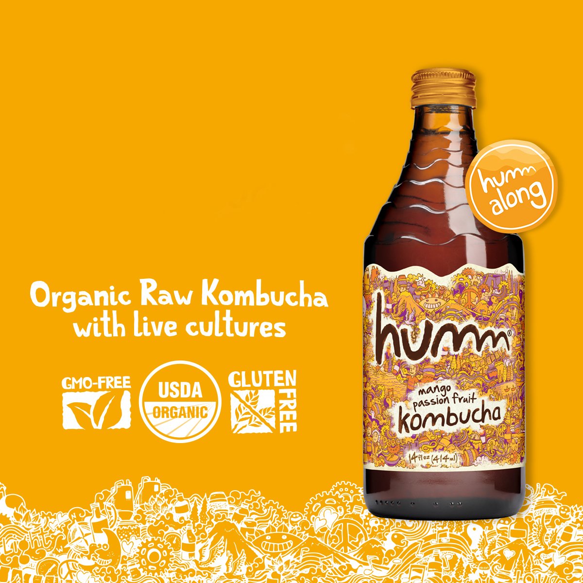 Humm Kombucha, Mango Passion Fruit, 14 fl oz