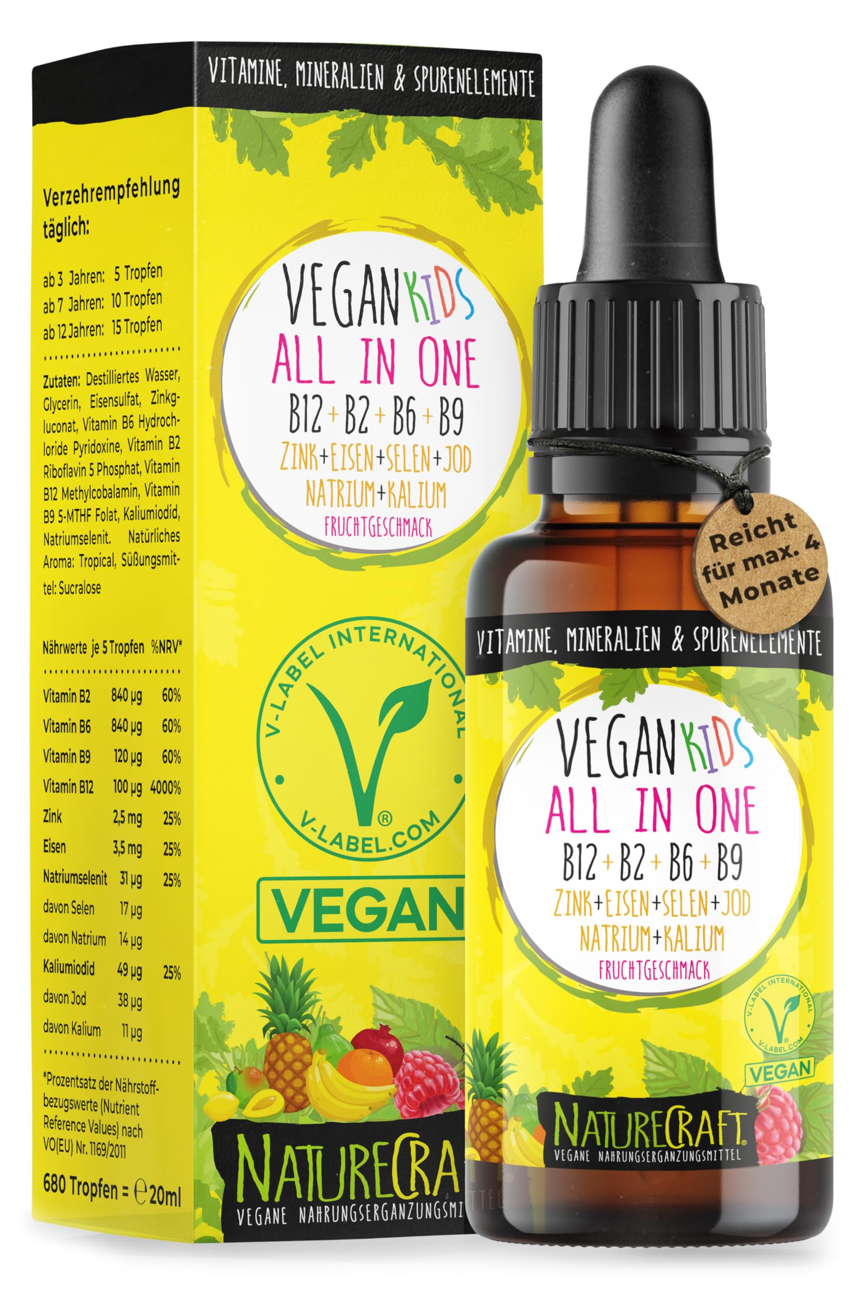 Vegan Kids All-in-One Tropfen - Vitamin B12+B2+B6+B9 Folsäure + Zink + Eisen + Selen + Natrium + Kalium + Jod - Komplex mit natürlichem Tropical…
