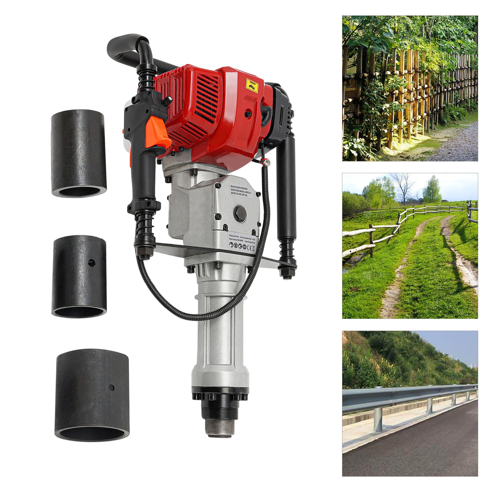 CAIHAOA 2 Stroke Gas Powered T Post Driver Hammer Drills, 52CC Gasoline Engine Pile Driver Fence Post Driver, Single Cylinder Air Cooled Gasoline Garden Fencing Tool Machine with 3 Piling Cylinders