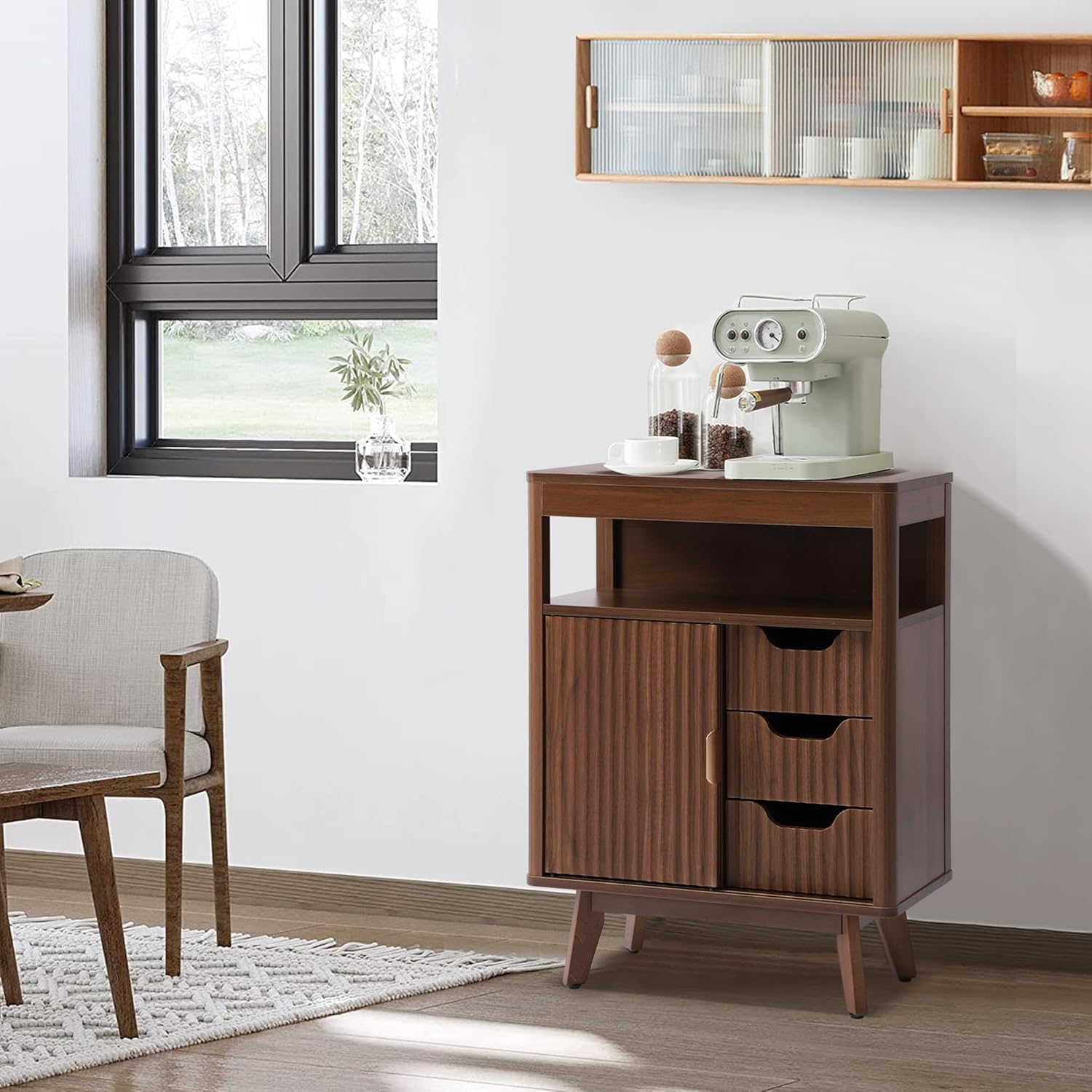 Grepatio Bathroom Storage Cabinet with Fluted Sliding Door, 3 Drawers Bathroom Floor Cabinet, Freestanding Storage Organizer w/Adjustable Shelf, Faux Marble Top for Living Room (Brown)