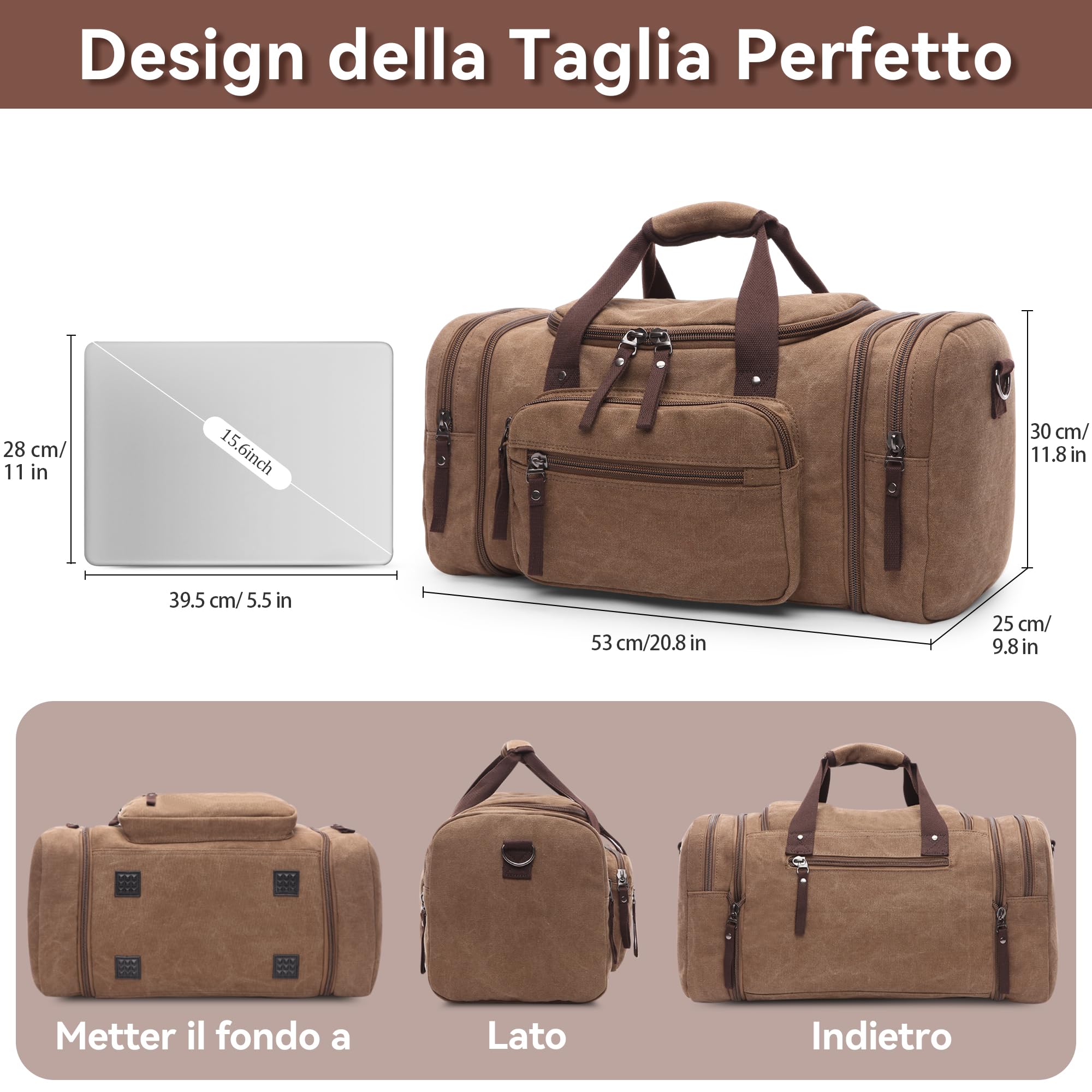 Moda Espandibili Borsone da Viaggio Uomo 40L Grande Borsone Palestra con Tracolla Molteplici Tasche pour Vacanza All'aperto Campeggio Uomo Tela Borsone da Sportiva Marrone