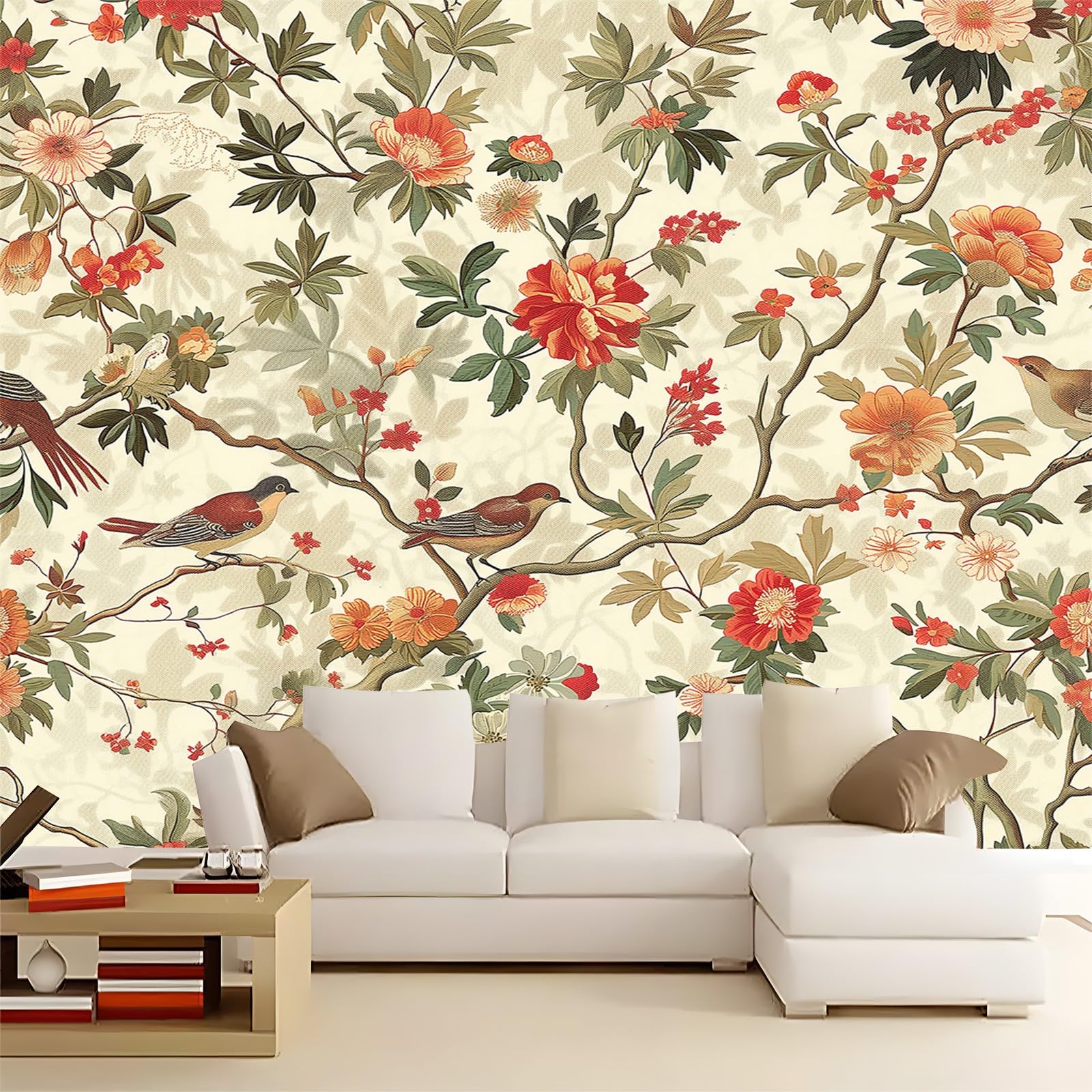 Tapeta 350 x 256 cm, tapeta z włókniny, tradycyjne kwiaty i ptaki, dekoracja, wodoszczelna, folia ochronna na ścianę, do sypialni, salonu, folia meblowa, tapeta ścienna, kolorowa, w zestawie poradnik