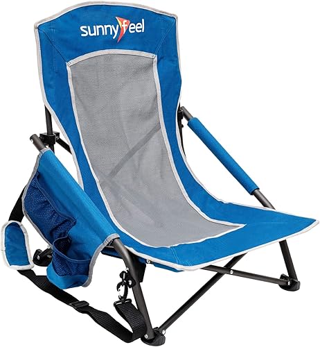 SUNNYFEEL Silla de playa plegable baja para adultos, sillas de camping de playa portátil y ligera con soporte para tazas, reposabrazos, silla de