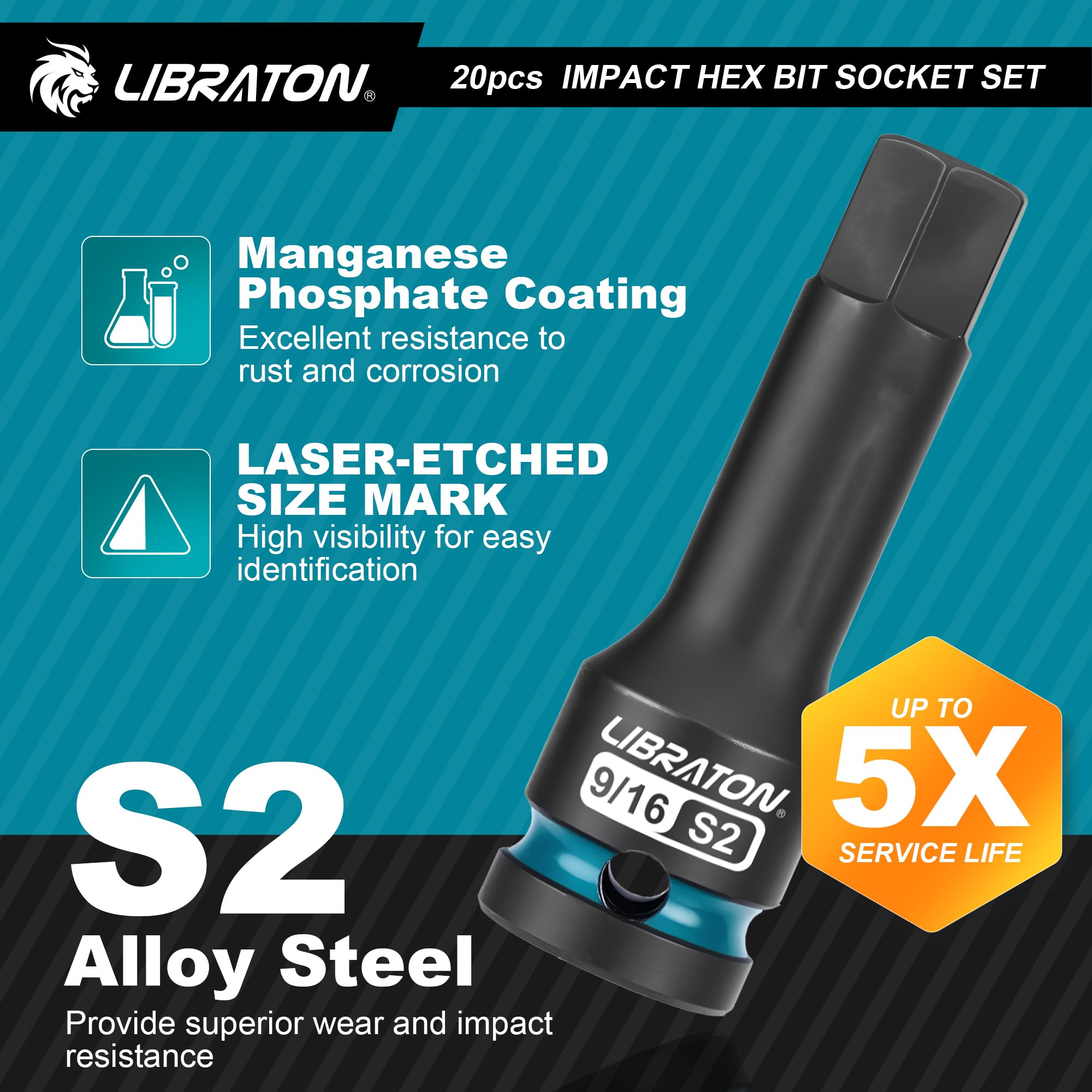 LIBRATON Impact Hex Bit Socket Set, 1/2" Dr, S2 Steel - Image 2