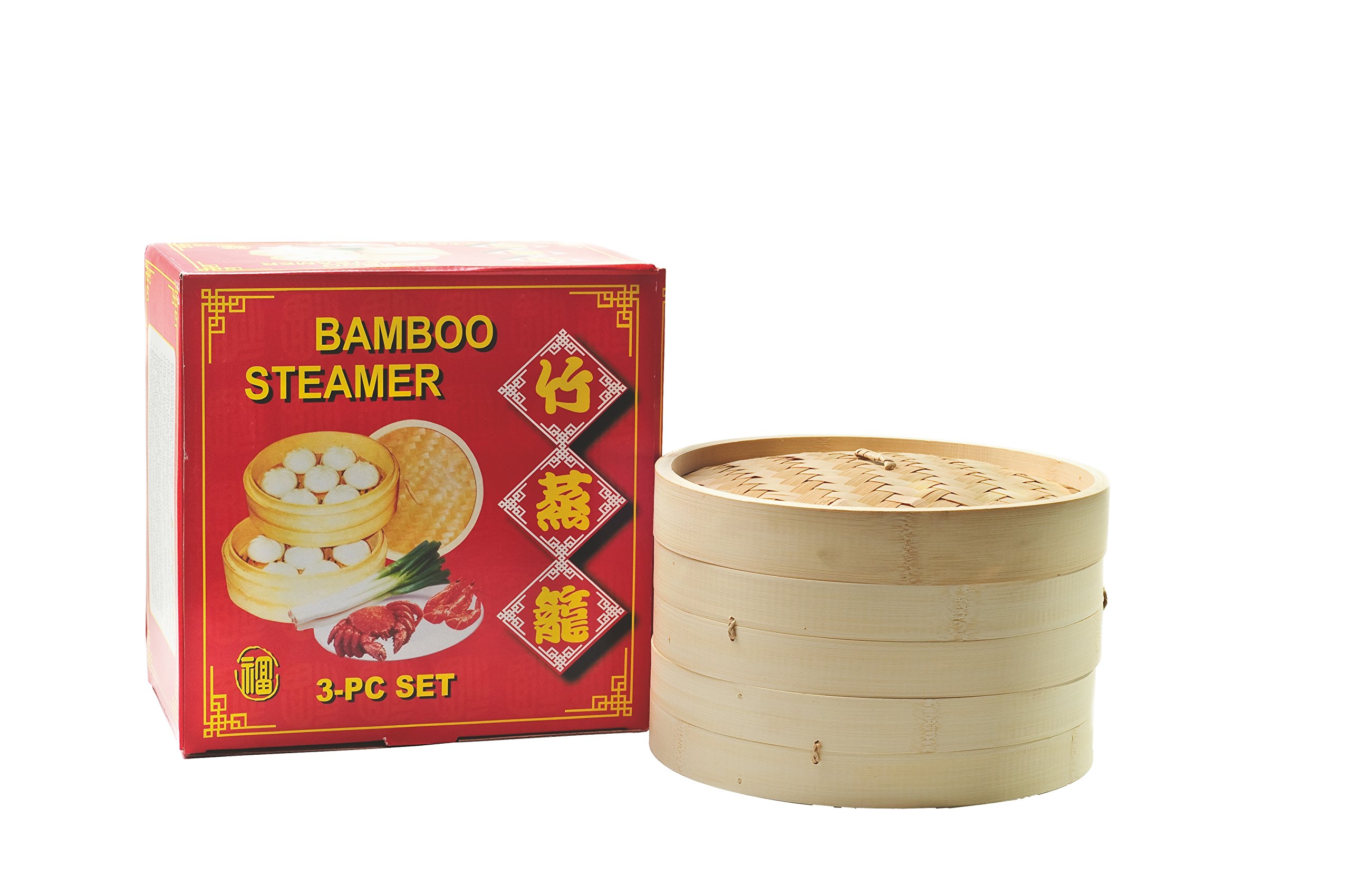 Dampfgarer Bambus 3 Etagen 20cm - Mit Aluminiumkanten & Verbrhschutzgriff  Fr Reis, Dim Sum & Gemse Reis Dmpfer Bambus