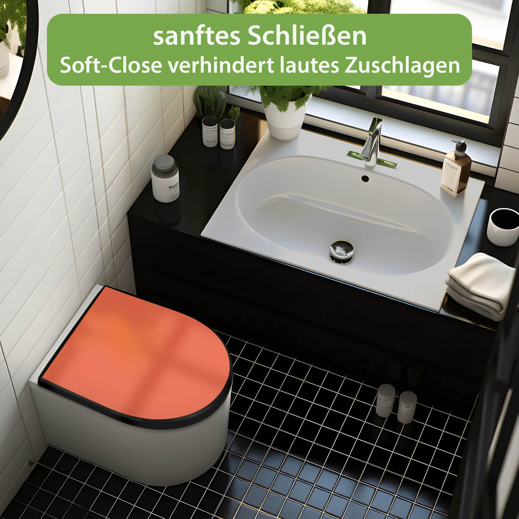 banjado WC Sitz mit Absenkautomatik D Form - Toilettendeckel mit Absenkautomatik D Form - Klodeckel Softclose - stabile Klobrille - Toilettensitz Schwarz - Farbe Orange