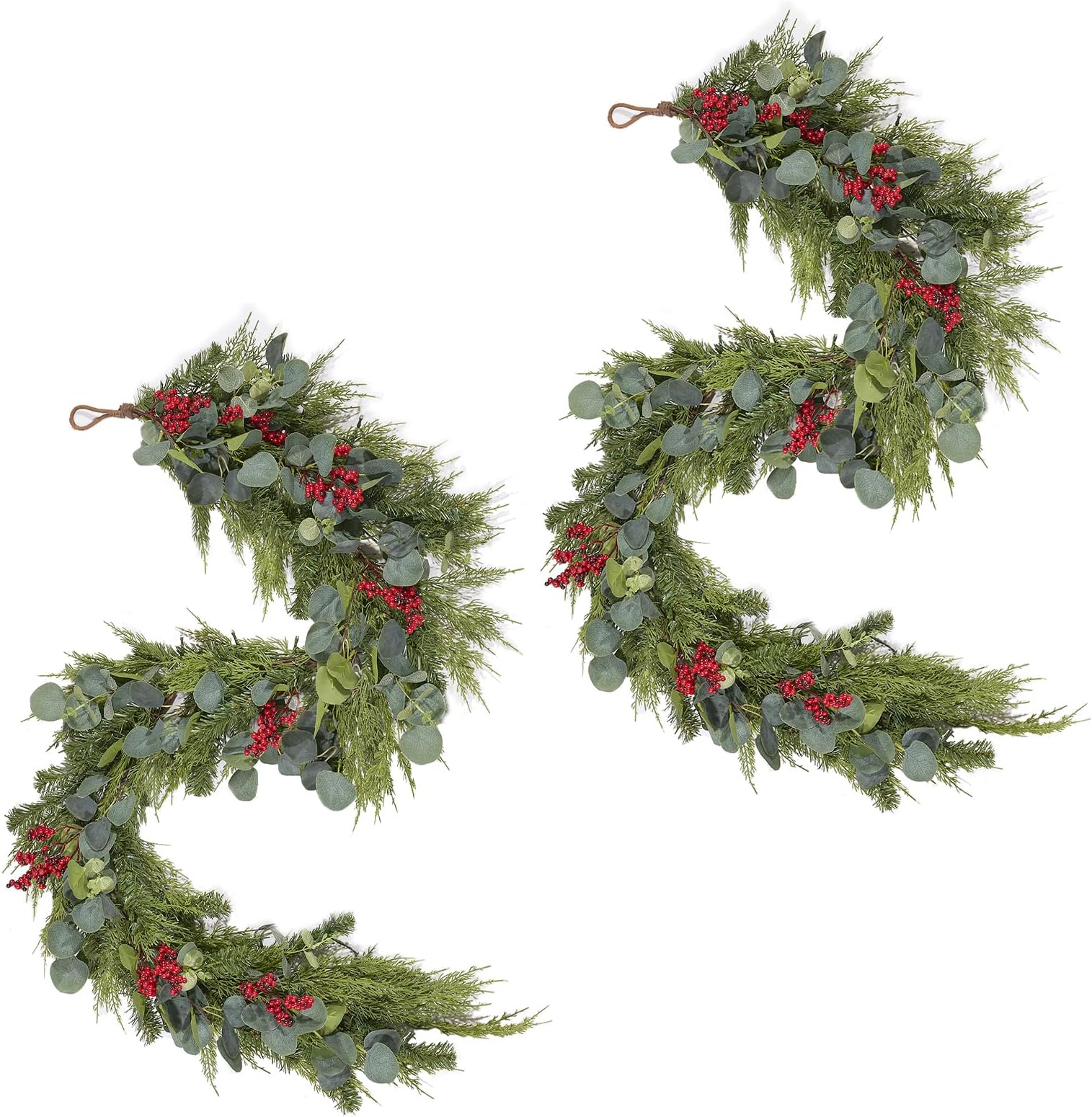 WBHome2 PCS Pre-lit Real Touch Mixed Eucalyptus and Cedar Prelit Christmas Garland with Red Berries Winter Greenery Garland for Christmas Holiday Seasonal Outdoor/Indoor Home Decor Mantle, 6FT Long