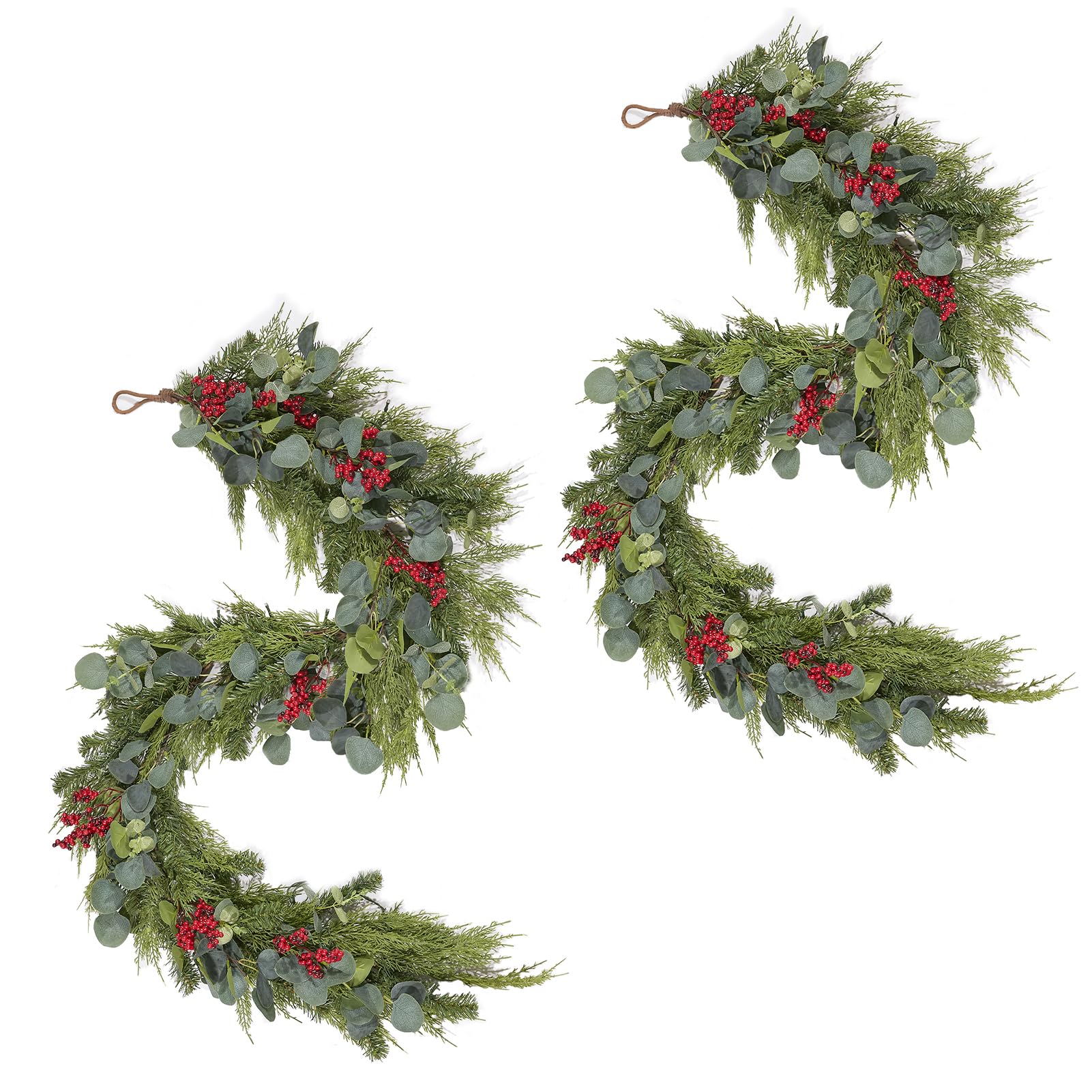 WBHome2 PCS Pre-lit Real Touch Mixed Eucalyptus and Cedar Prelit Christmas Garland with Red Berries Winter Greenery Garland for Christmas Holiday Seasonal Outdoor/Indoor Home Decor Mantle, 6FT Long