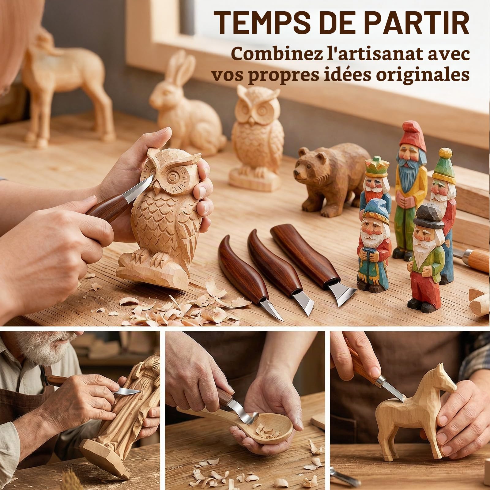 Set de sculpture sur bois | Set d'outils de sculpture sur bois | Tekchic, set de 14 couteaux à sculpter avec étui en PU (marron) – pour débutants, professionnels et passionnés de sculpture sur bois