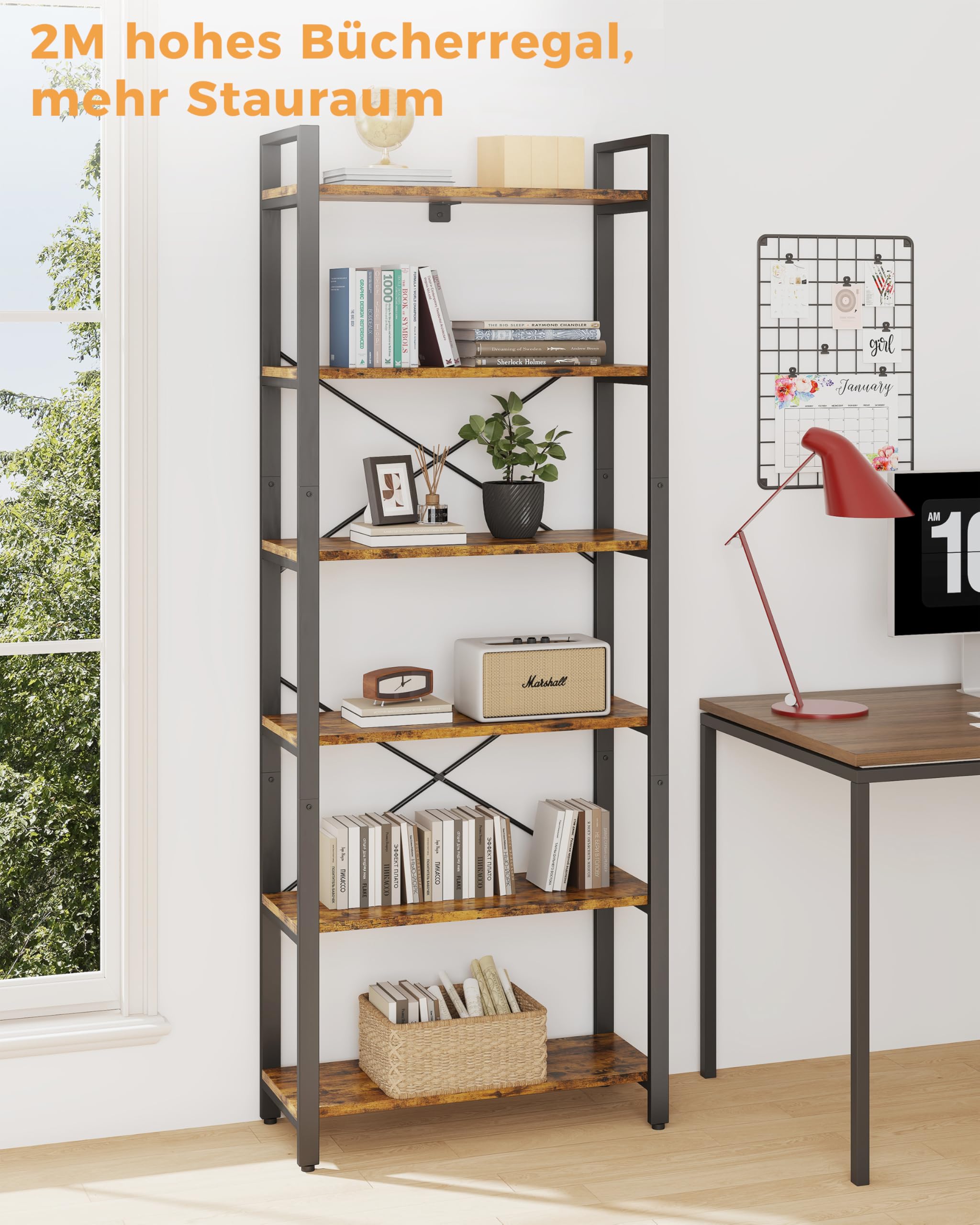 IRONCK 2M Bücherregal, Standregal mit 6 Ebenen, Regal Holz mit Metallrahmen, Büroregal Industriel, offene Ablagen, Bookshelf für Büro, Wohnzimmer, Schlafzimmer, Küche (Vintagebraun Schwarz)