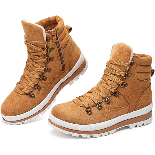 FRACORA Womens Combat Boots Lace Up Ankle Boots Winter Snow Boot Side Zipper Fashion Booties