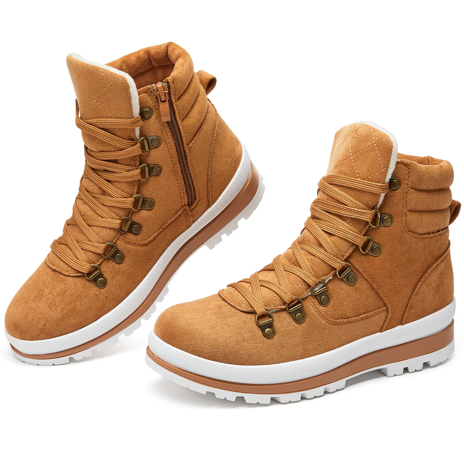 FRACORA Womens Combat Boots Lace Up Ankle Boots Winter Snow Boot Side  Zipper Fashion Booties