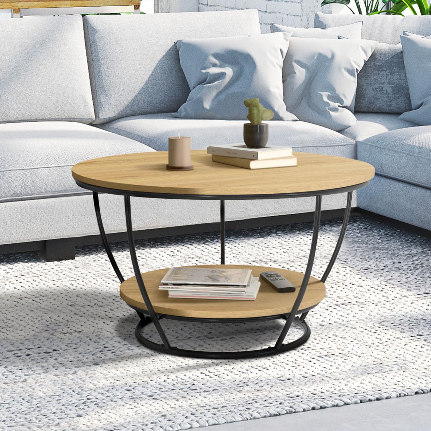 IDMarket – Mesa baja con cable, doble bandeja redonda Detroit 70 cm, diseño industrial