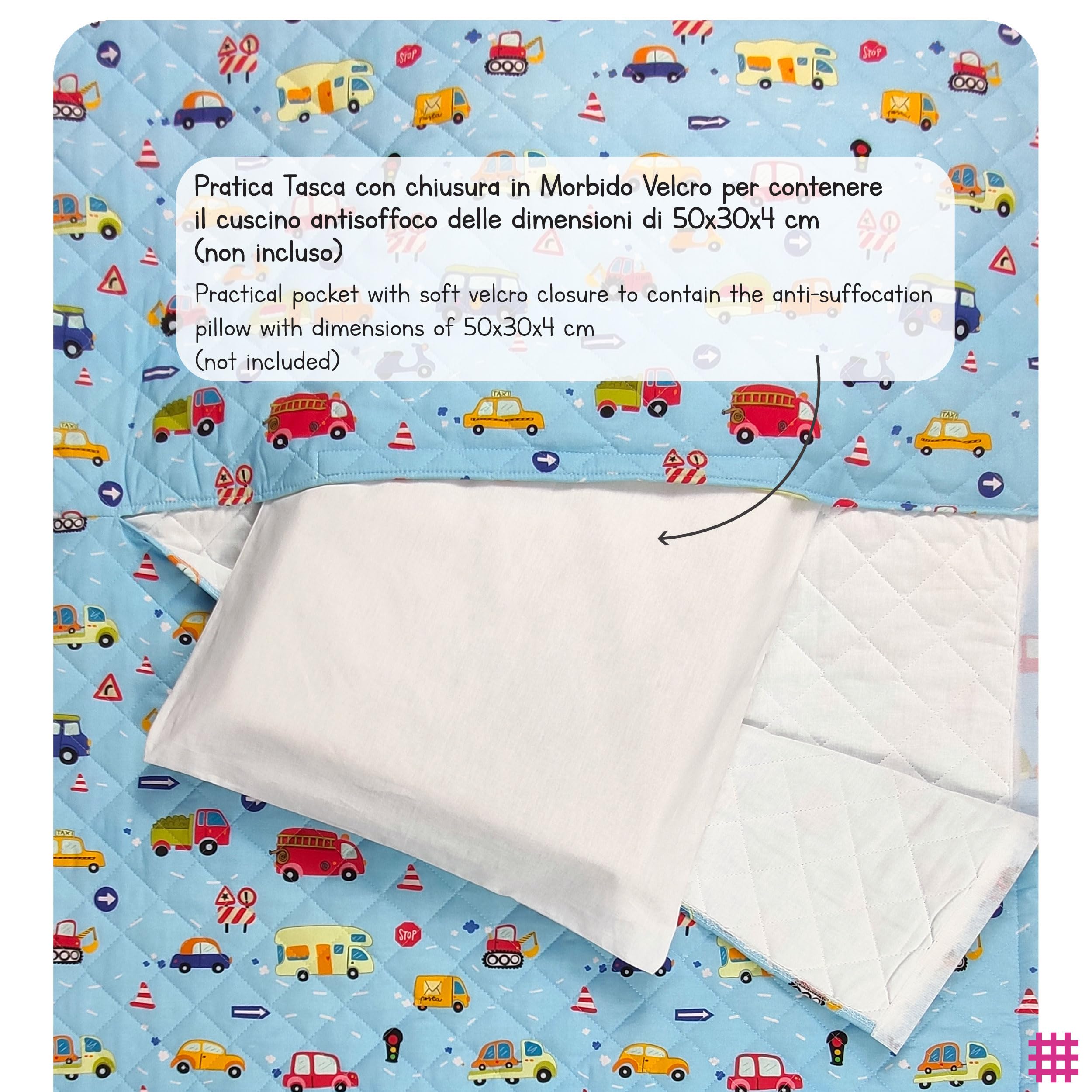 Panini Tessuti Ensemble de puériculture, Sac de Couchage et Pochette pour bébés de 2 à 6 Ans - Tissu matelassé 100% Coton - Made in Italy (Voitures Bleues Ensemble de puériculture)