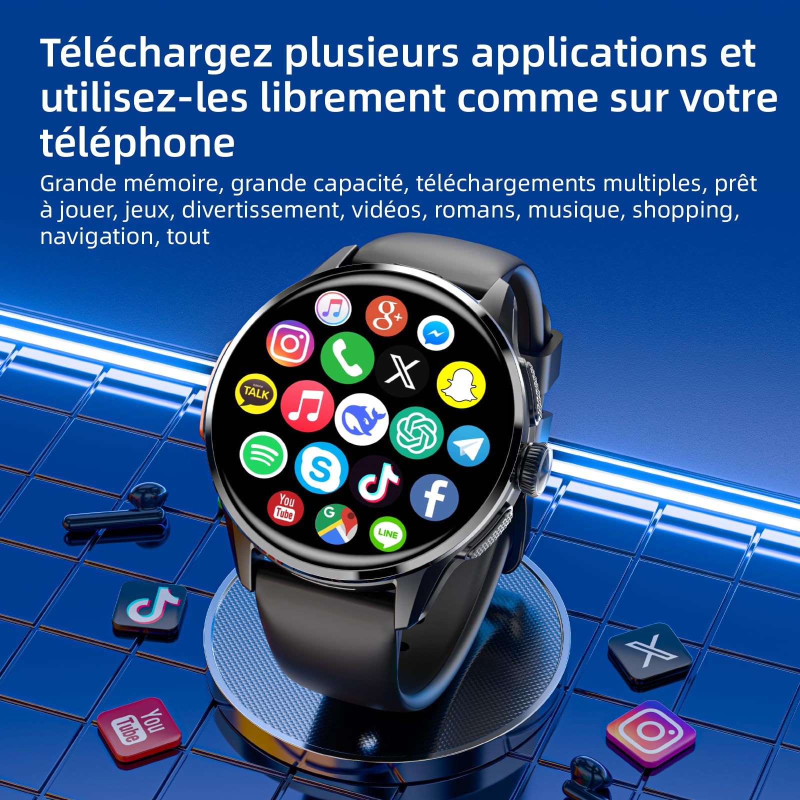 LOKMAT Montre intelligente Android avec carte SIM 4G, 1,6", AMOLED grand écran 3 Go + 32 Go, pour hommes et femmes, avec caméra rotative, WiFi, GPS, tracker d'activité de fitness (noir)