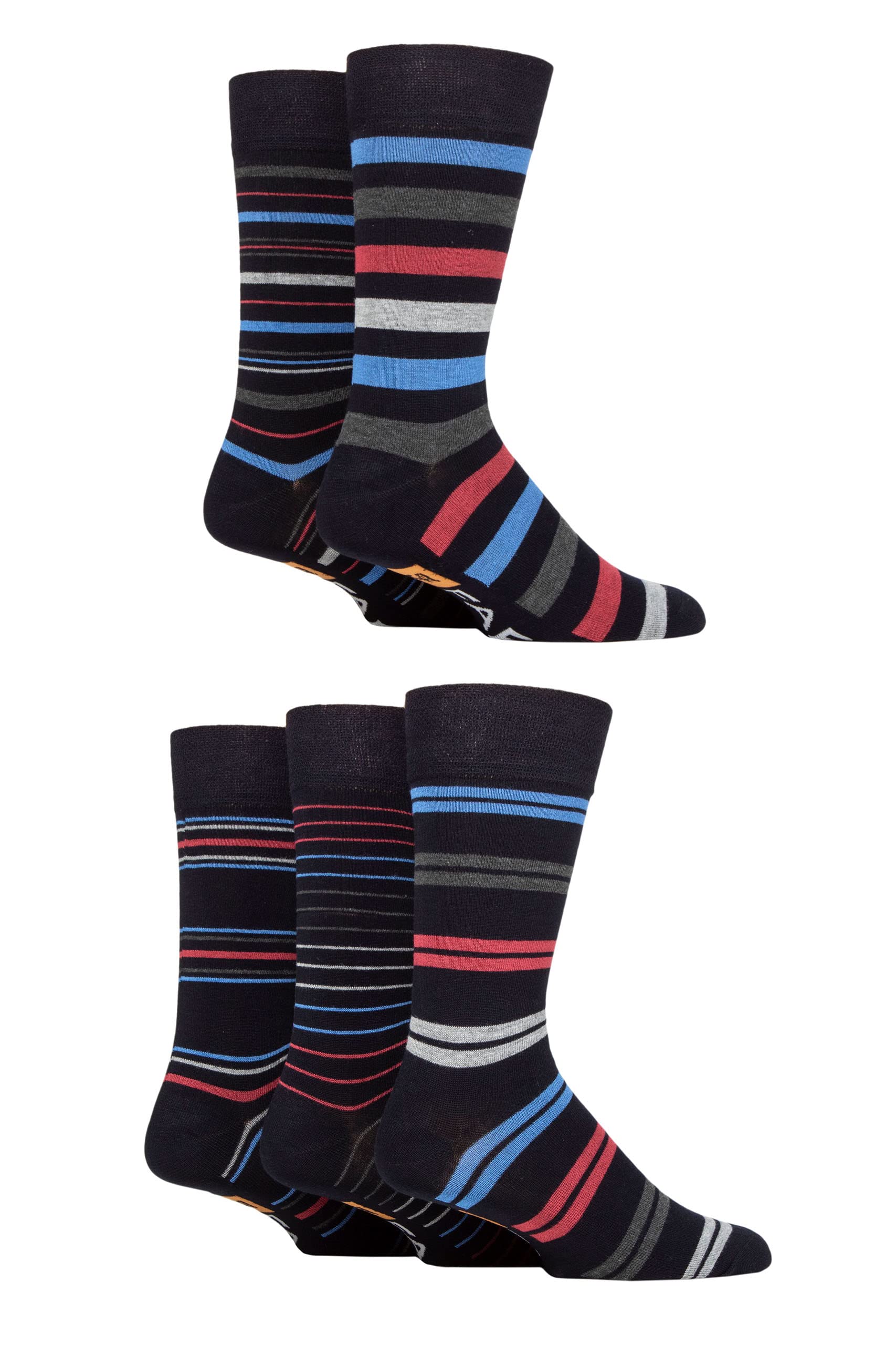 Farah Mens Argyle, Patterned and Striped Bamboo Socks Pack of 5 Navy/Blue/Berry Stripe 6-11