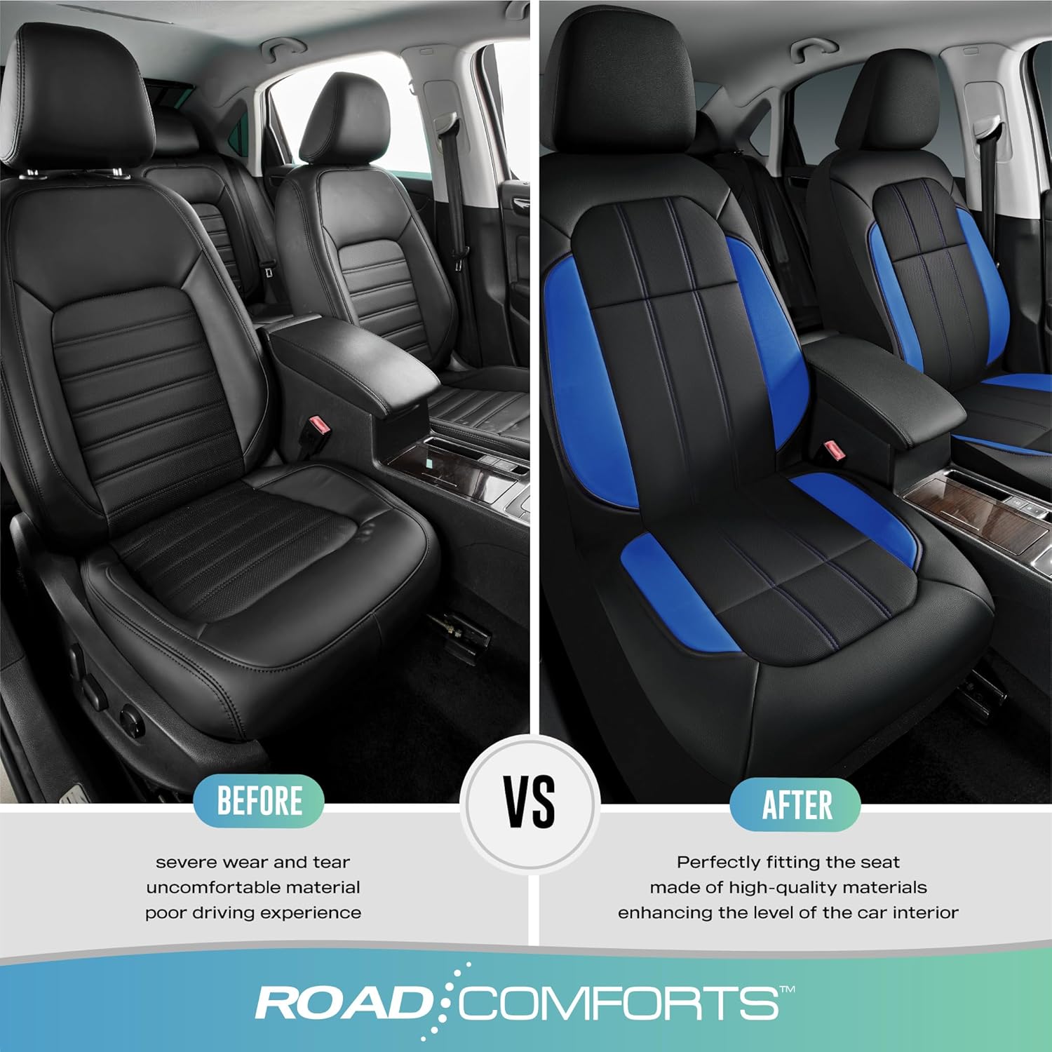 Road Comforts Car Seat Covers, Breathable Leather Seat Covers, Car Seat Covers Front Seats Airbag Compatible, Automotive Seat Covers for Most Cars, Vans, Trucks, SUV-Blue