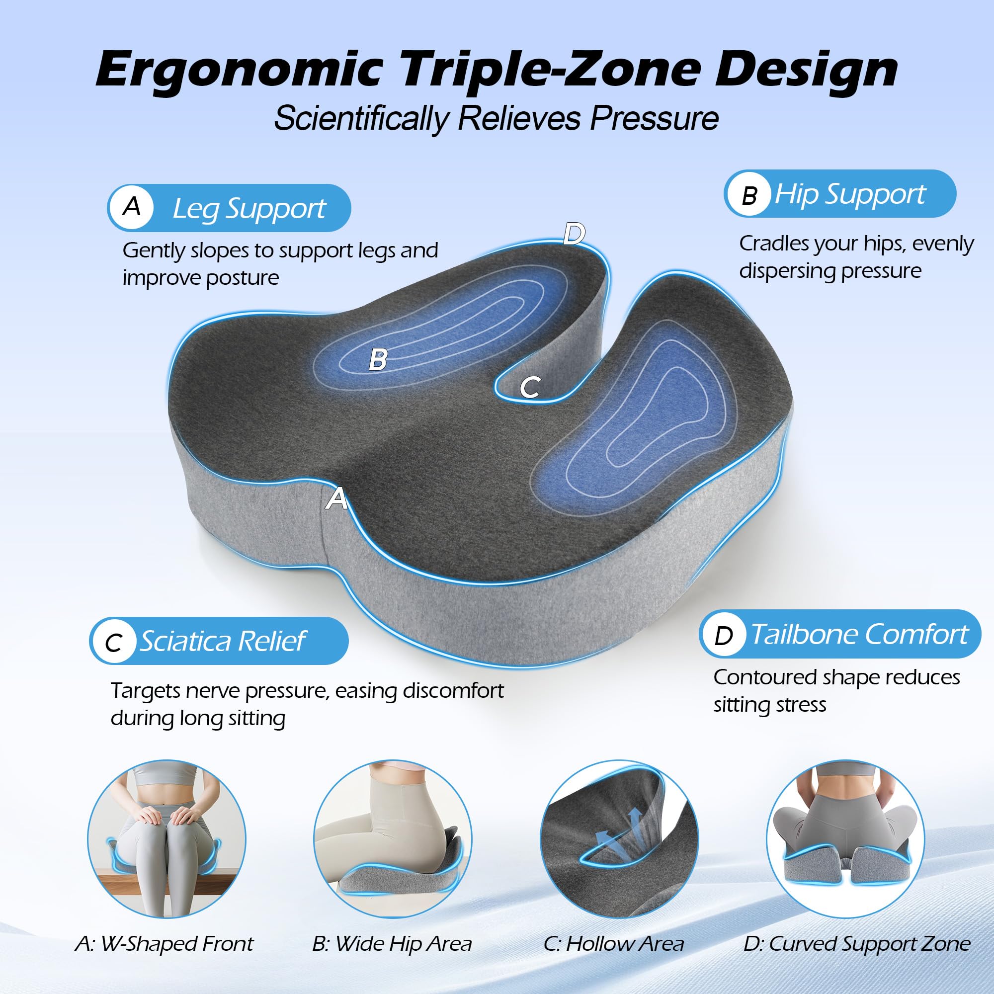 Lofty Aim Cuscino per sedia da ufficio: cuscino ergonomico in memory foam, cuscino per alleviare il dolore al coccige, sciatica, cuscino da scrivania per sedia da ufficio, seggiolino auto, aereo