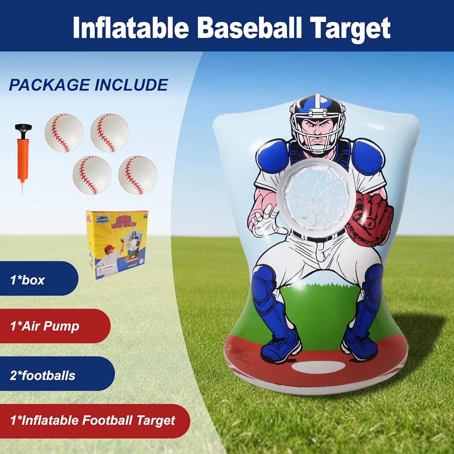 Inflatable Baseball Training Toss Game Inflatable Baseball Pitching Target for Kids, Double-Sided Outdoor & Indoor, Includes 4 Baseballs, Pump & Patch Kit Baseball Game Gifts for 36 Months+