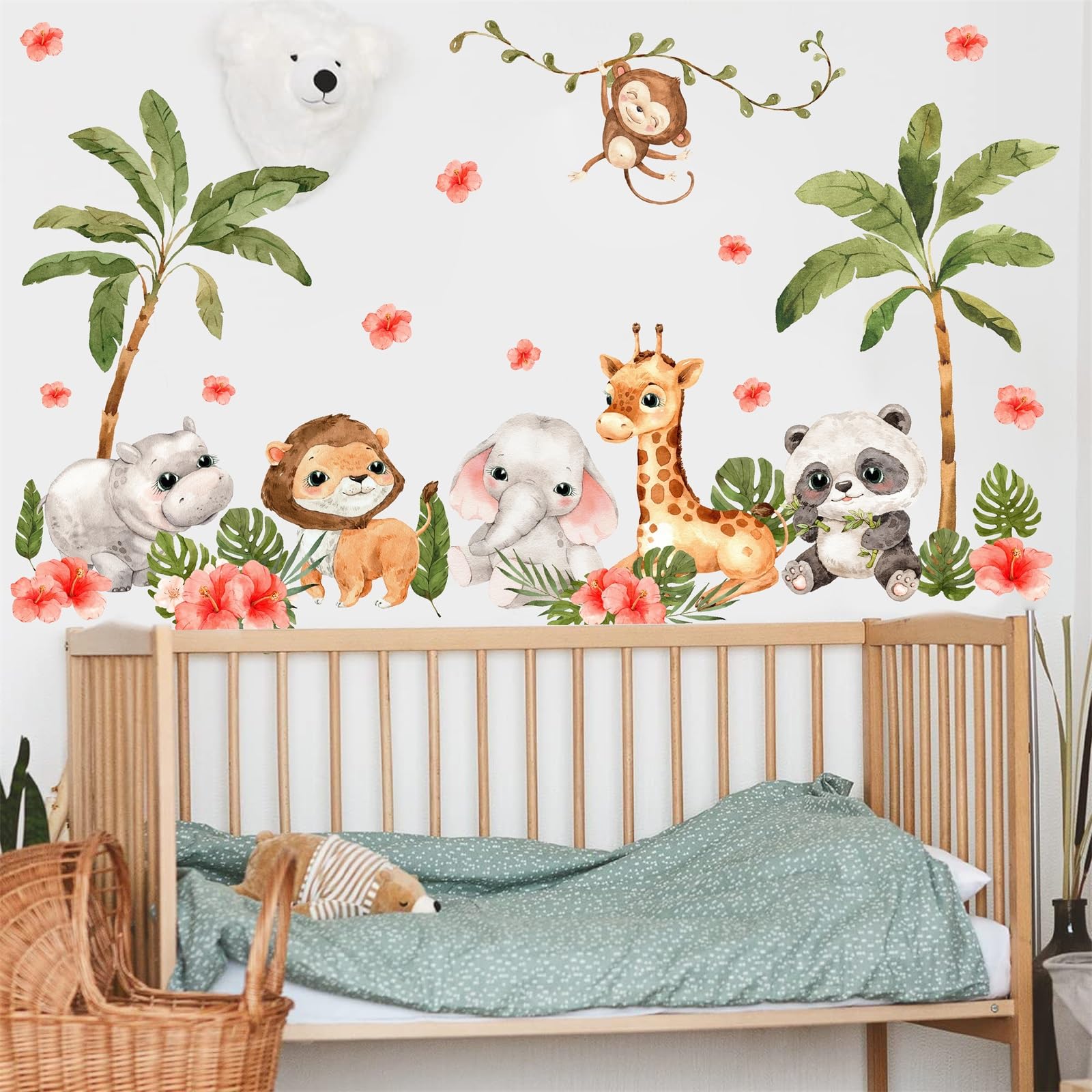 Jungle Animals Wall Decals Safari Nursery Decor Elephant Giraffe Lion Monkey Wall Sticker for Kids Baby Room Watercolor Animal Palm Leaf Wall Stickers for Boys Girls Bedroom Playroom Decoration
