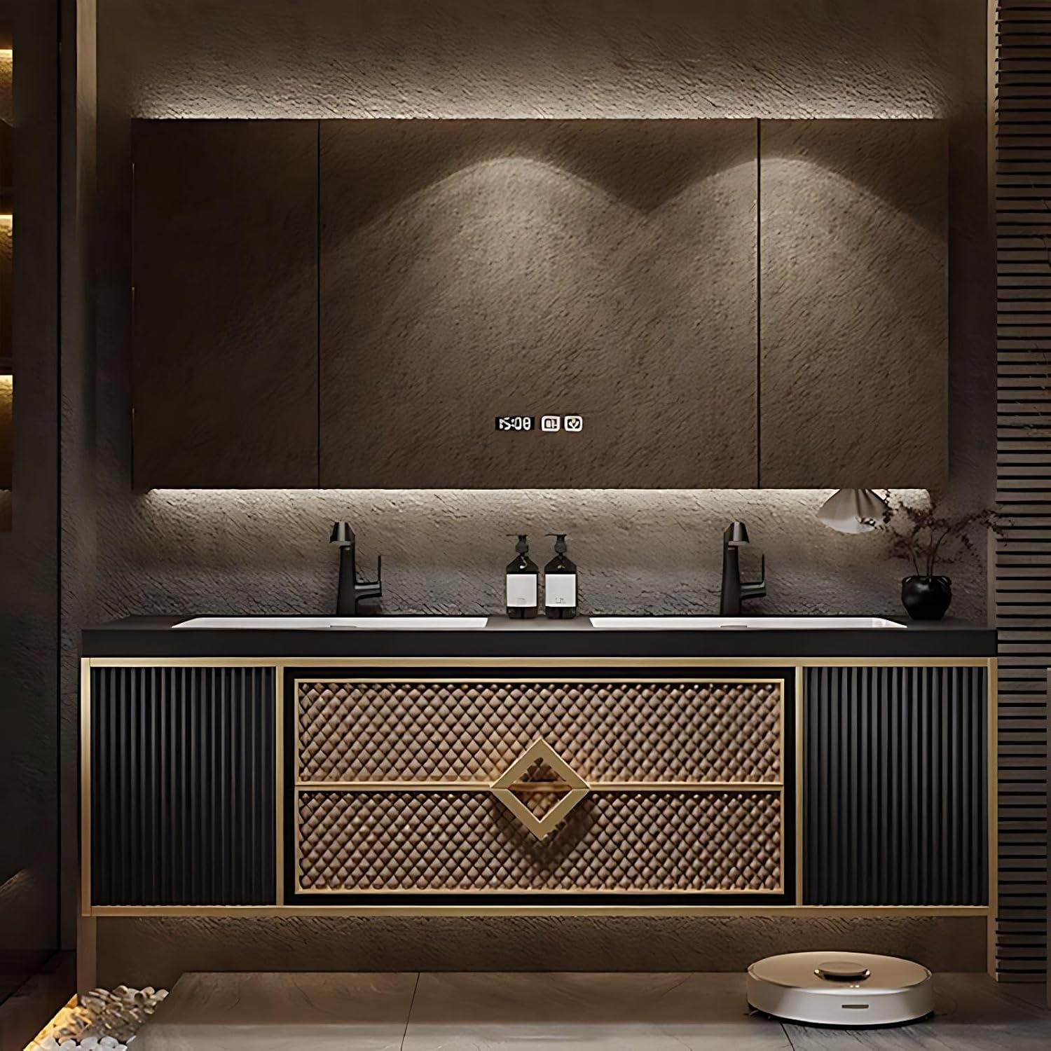 56 inch Double Sink Bathroom Vanity - Luxury Floating Bathroom Vanity with Smart Defog Mirror, Modern Bathroom Sink Cabinet with Multiple Storage Areas