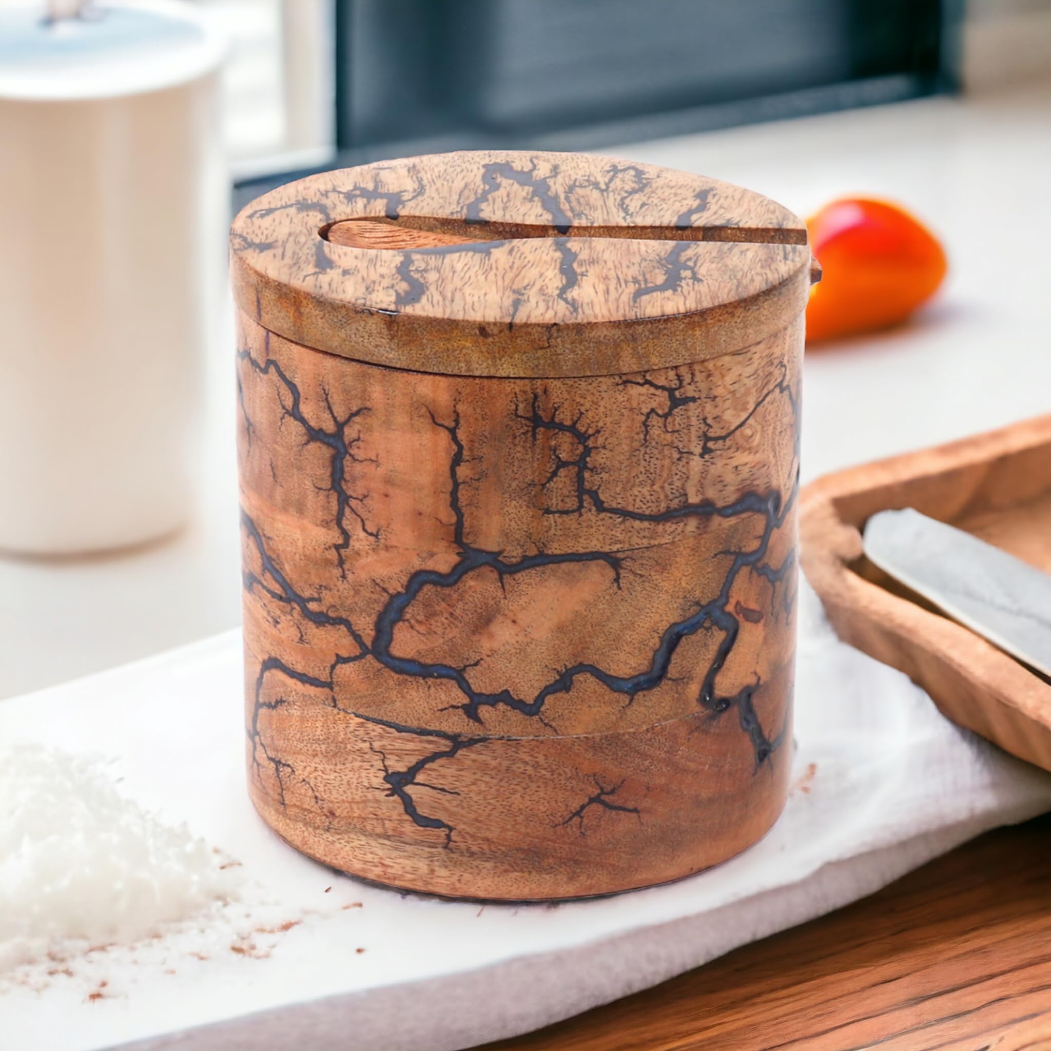 Wooden Jar for Salt, Tea, Coffee & Sugar, Condiments & Dry Fruits Storage Jar, Spice Container Dabba - Handmade, Kitchen Decor with Spoon & Magnetic Lid (Light Blue Fractals)