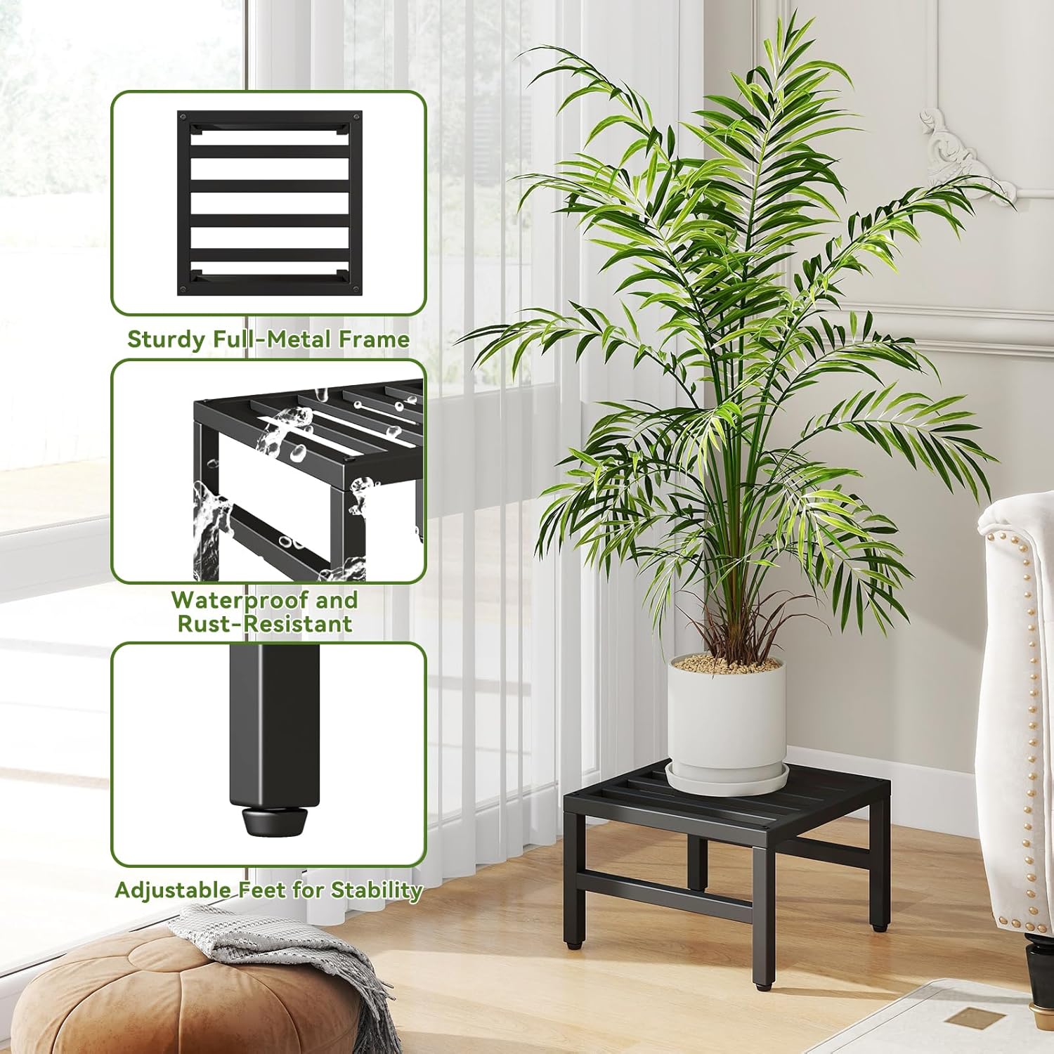 IBUYKE 3 Pack Metal Plant Stand Indoor Outdoor, Heavy Duty Small Flower Pot Stand, Modern Square Plant Shelf Flower Stand for Living Room Patio Balcony Garden, Black TMJ075B-3