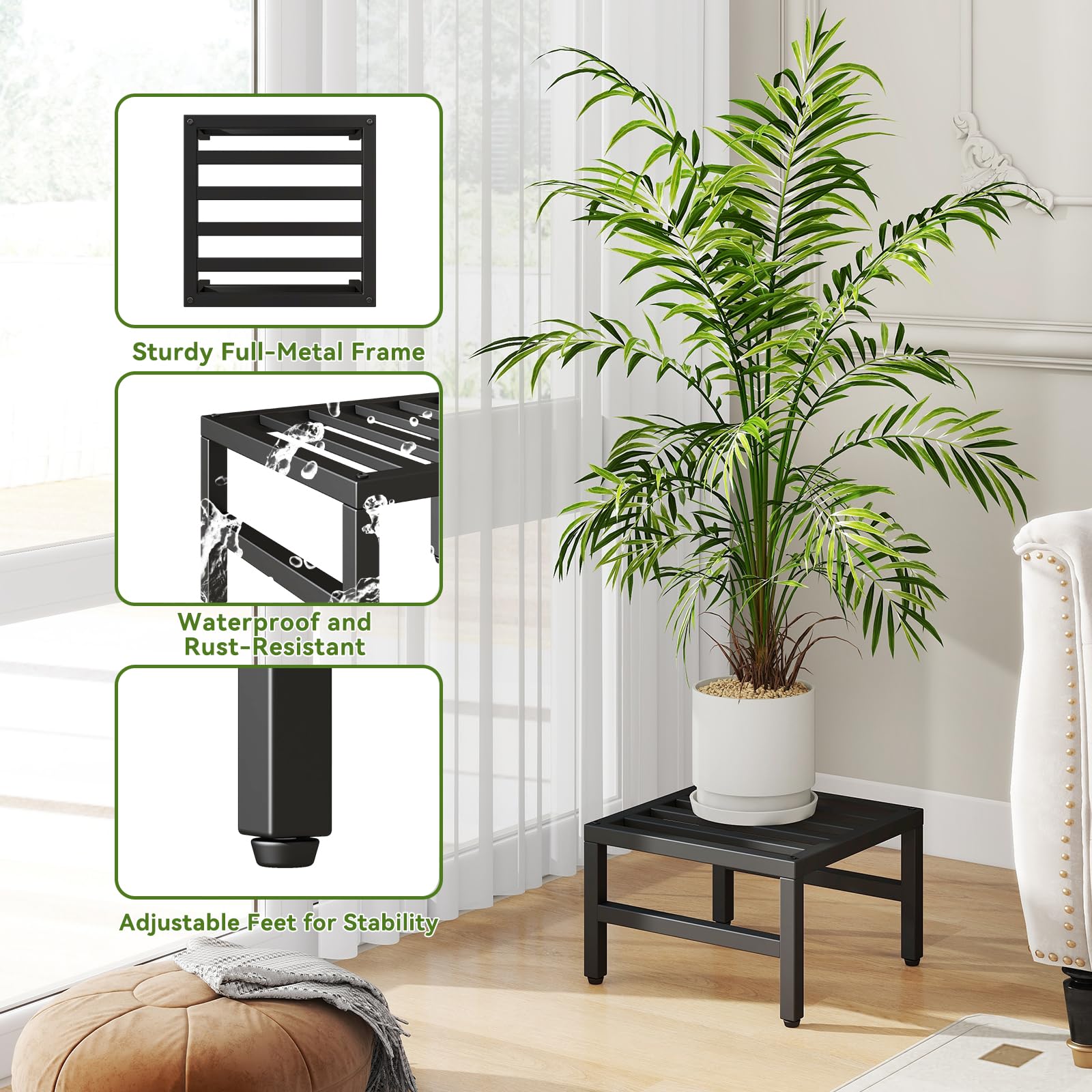 IBUYKE 3 Piezas de Soporte Metálico para Plantas de Interior y Exterior, 30cm Soporte para Macetas Pequeñas, Estante Moderno Cuadrado para Plantas y Flores para Salón Balcón Jardín, Negro TMJ075B-3