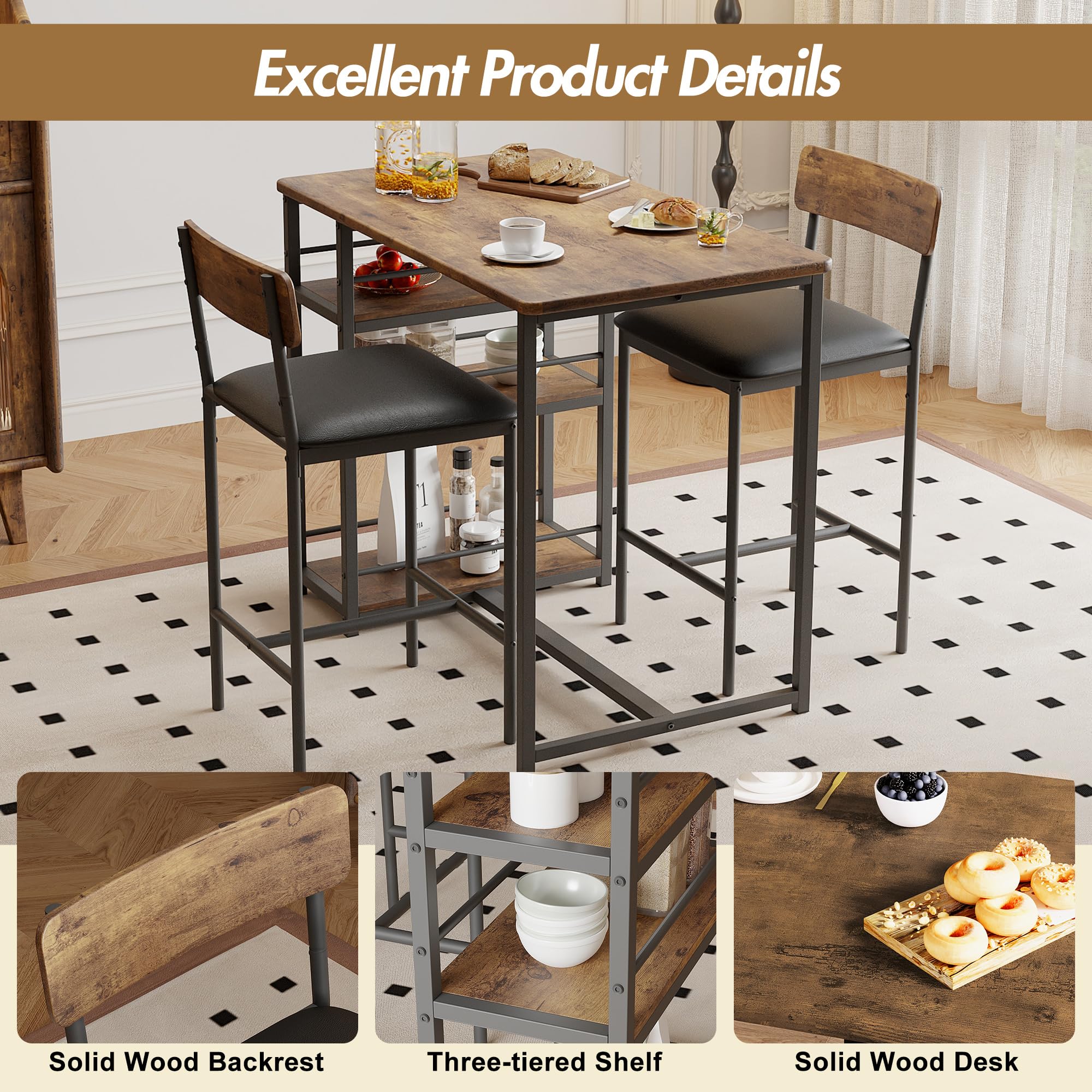Table de bar avec tabourets rembourré pour 2 Personnes,Table mange debout avec tabourets,3 étagère De Rangement,Ensemble Table haute cuisine pour Petit Espace,Appartement,Ilot central cuisine(Brun)